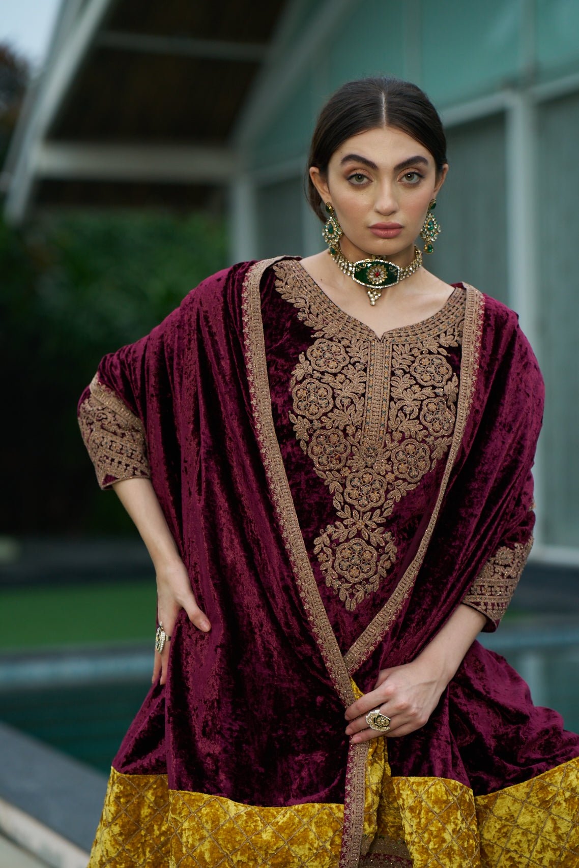 Maroon Designer Velvet Pakistani Suit Set
