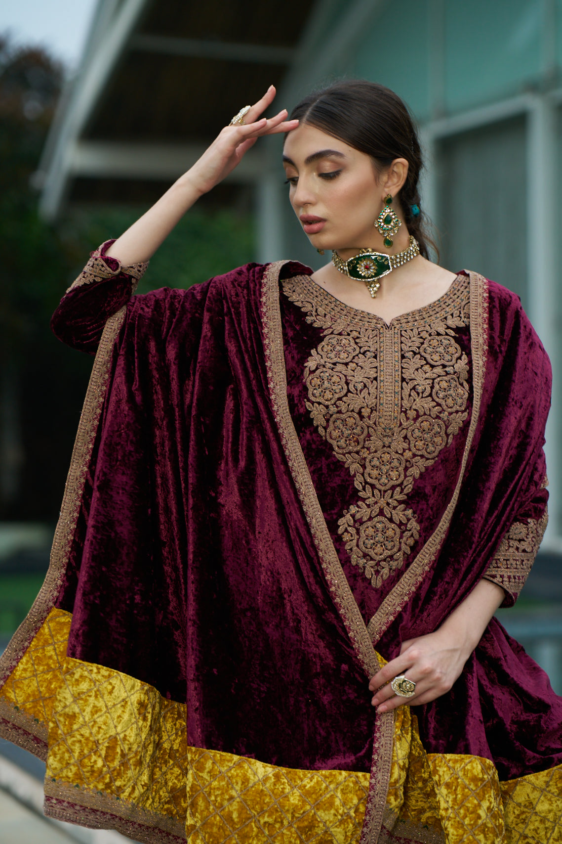 Maroon Designer Velvet Pakistani Suit Set