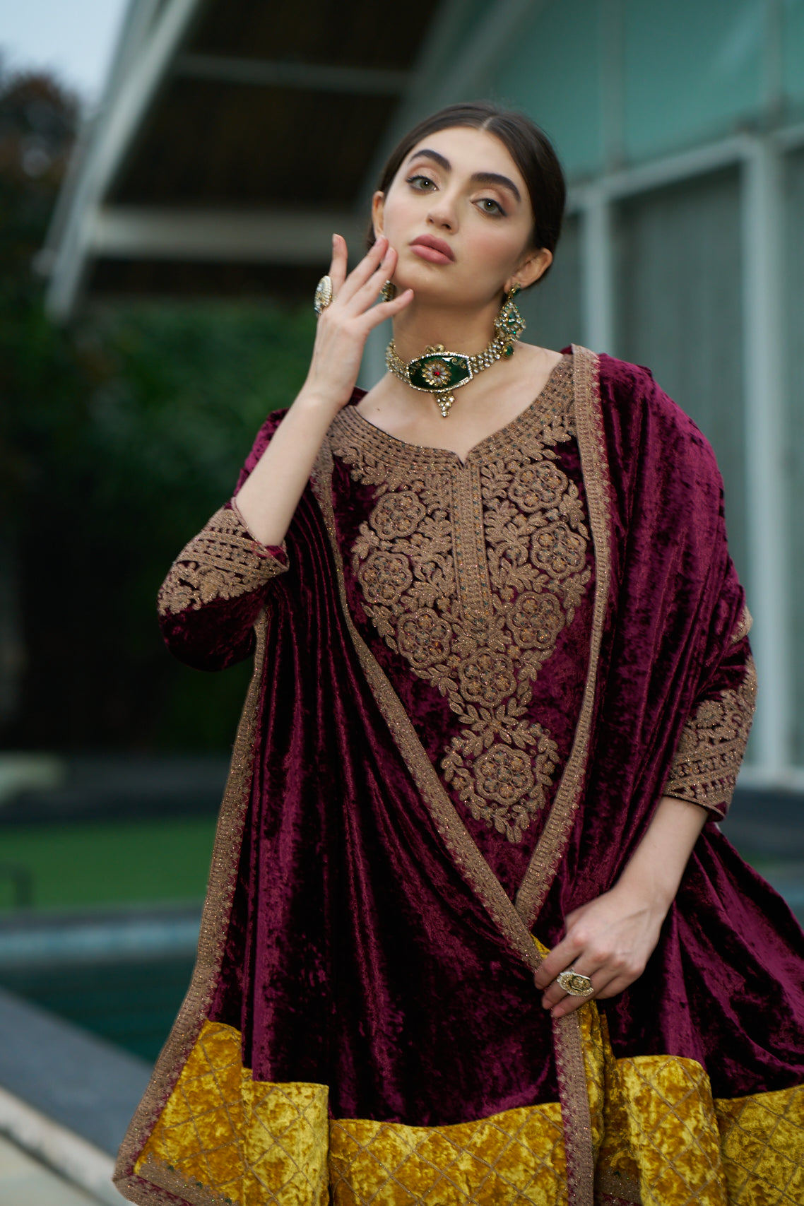 Maroon Designer Velvet Pakistani Suit Set