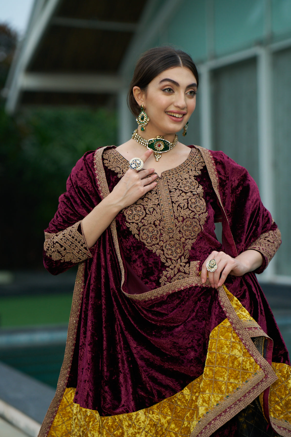 Maroon Designer Velvet Pakistani Suit Set