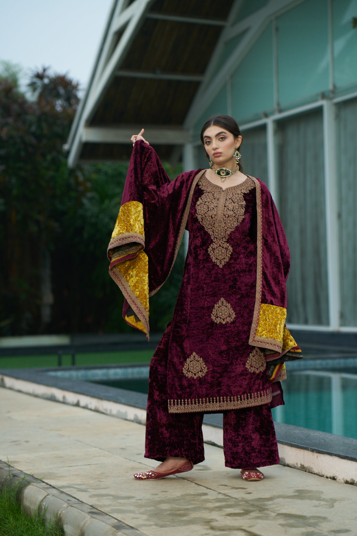 Maroon Designer Velvet Pakistani Suit Set