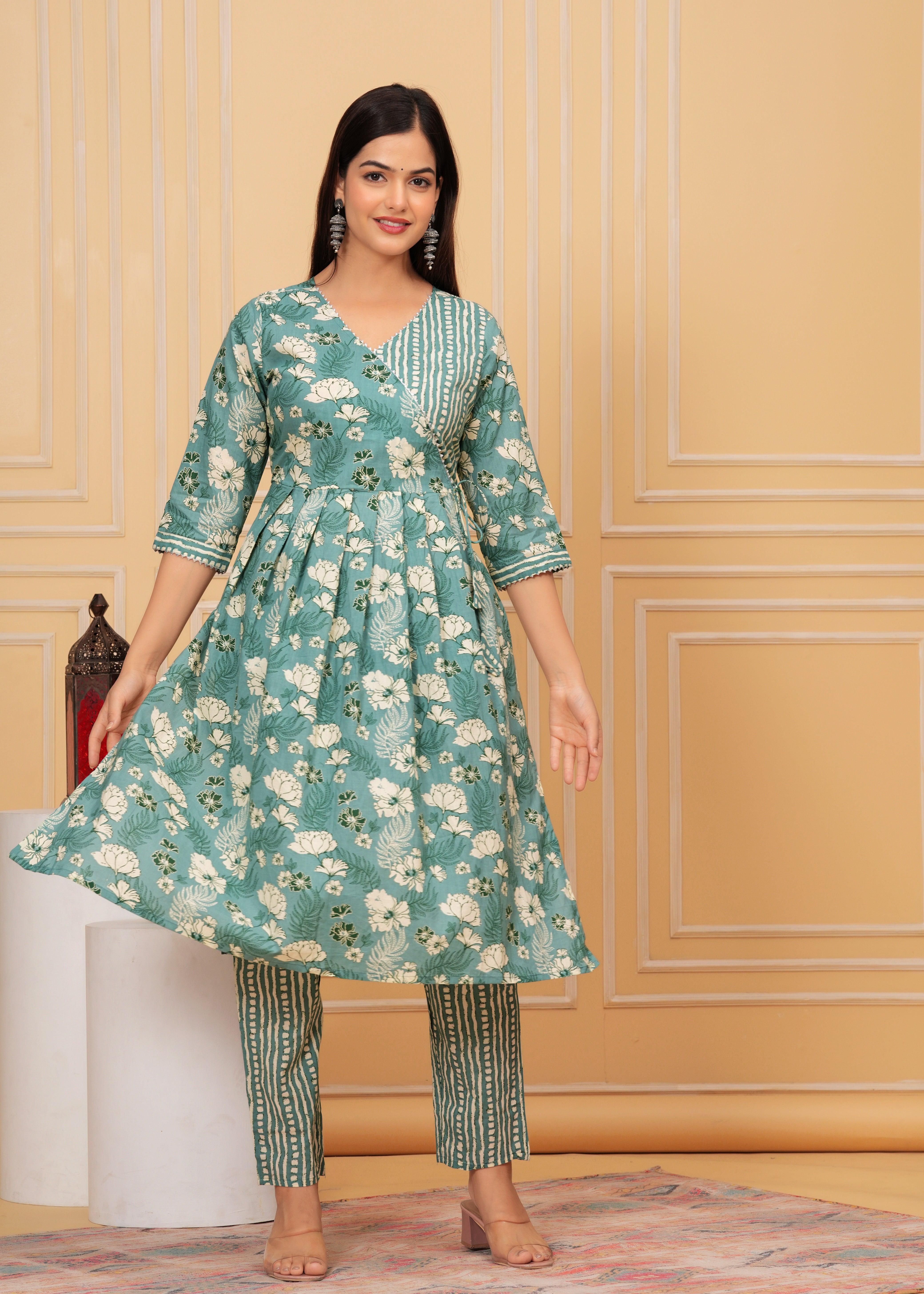 Summer Green Floral Printed Cotton Kurta and Pant Set