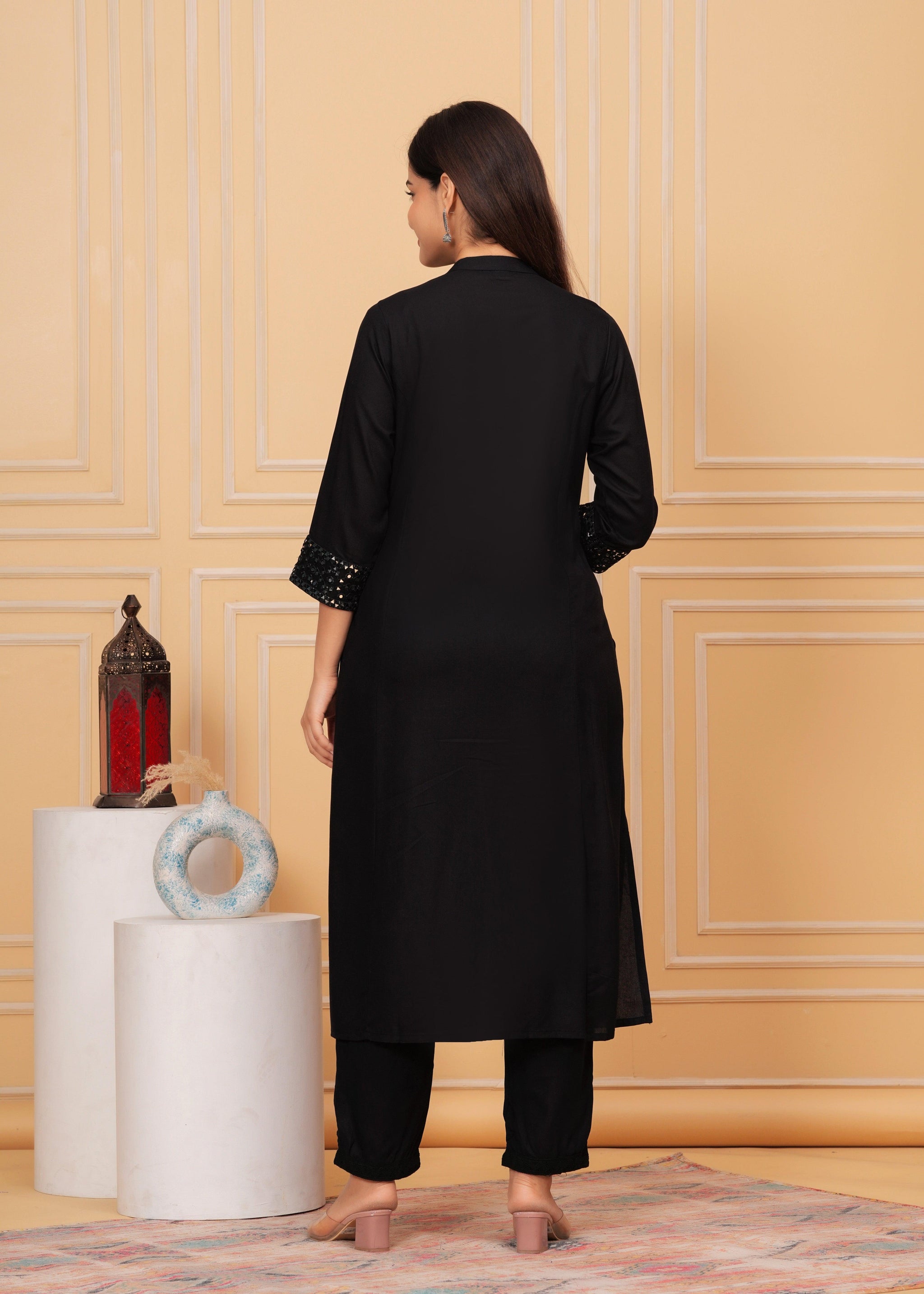 Black Embellished A-Line Rayon Kurta Set