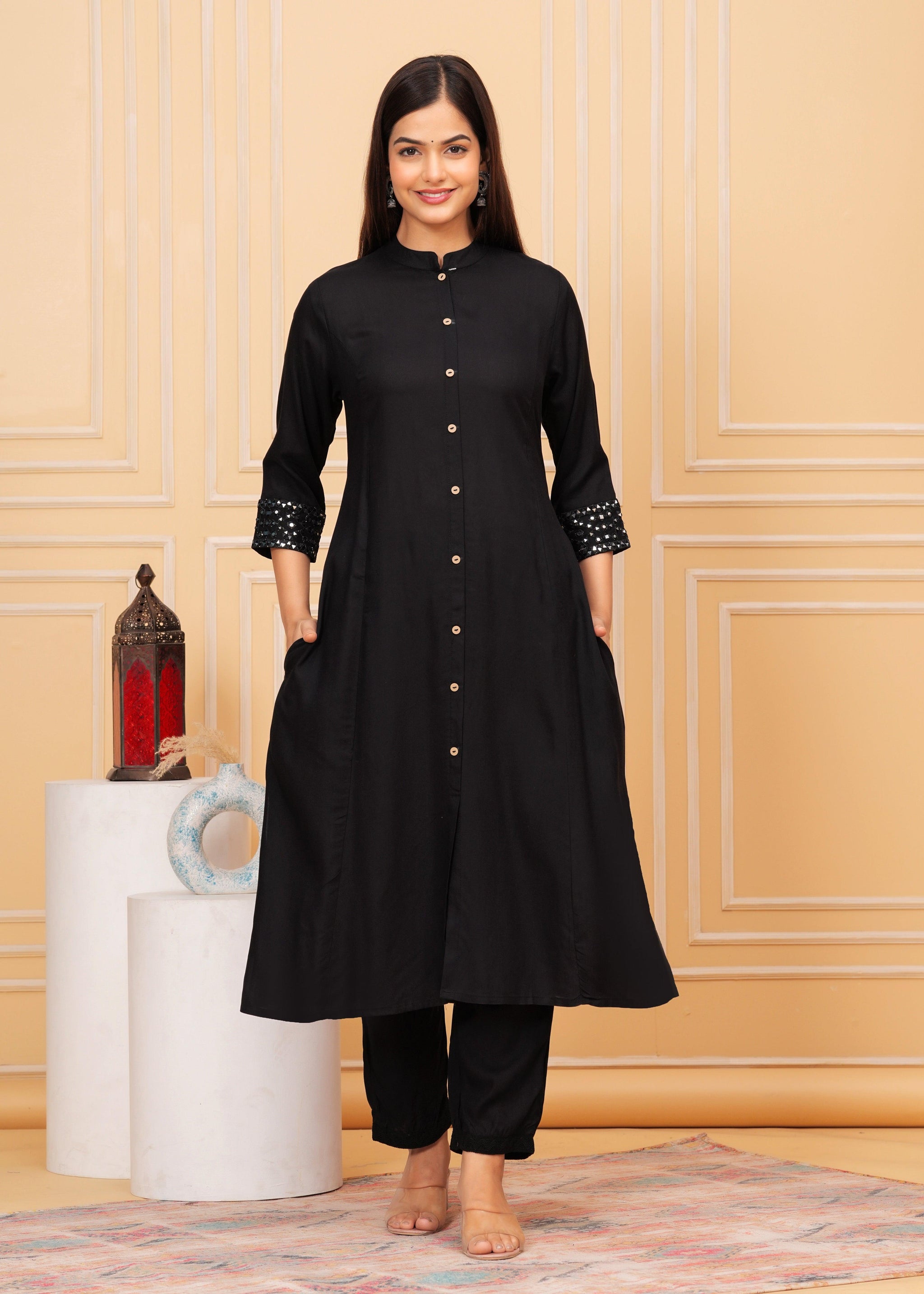 Black Embellished A-Line Rayon Kurta Set