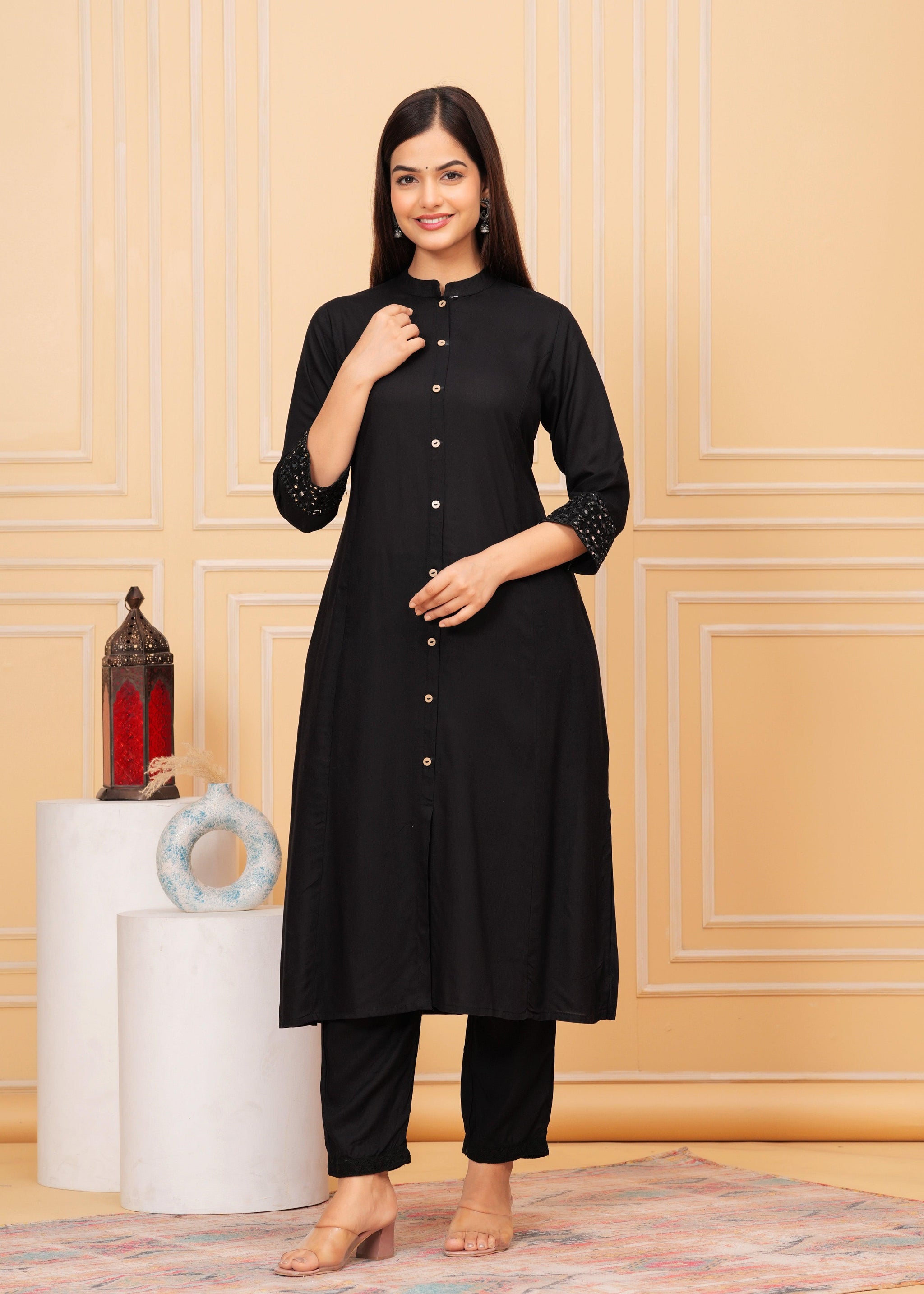 Black Embellished A-Line Rayon Kurta Set