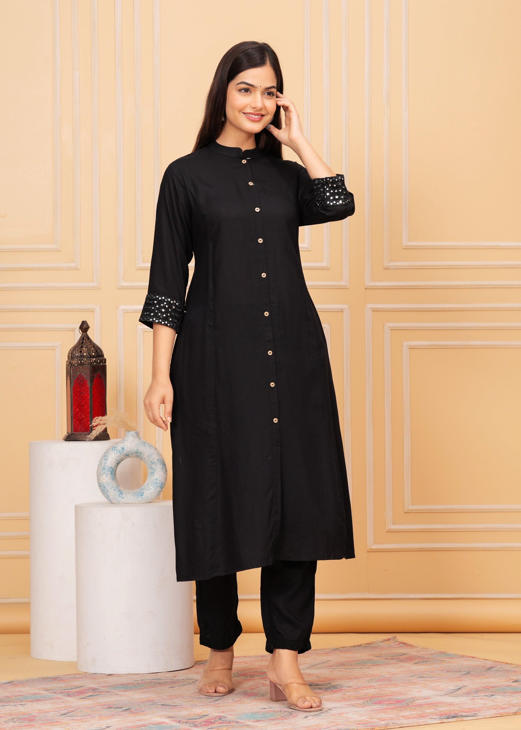 Black Embellished A-Line Rayon Kurta Set