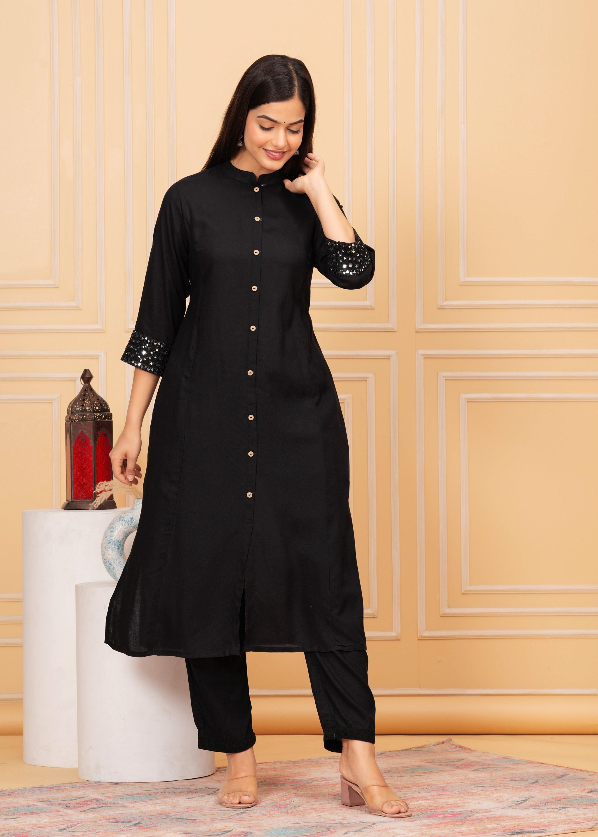Black Embellished A-Line Rayon Kurta Set