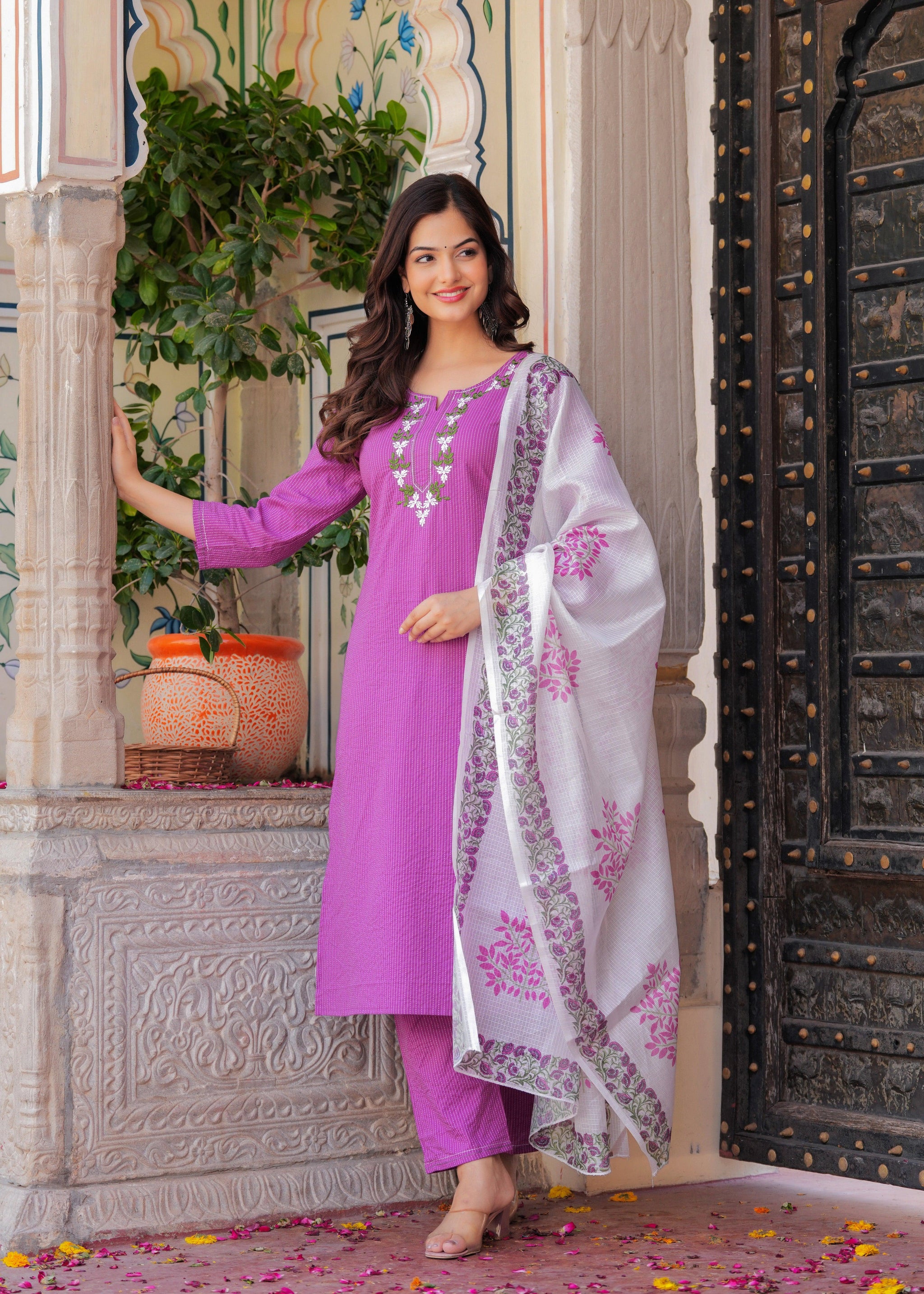 Purple Embroidered Katha Cotton Suit Set with Dupatta