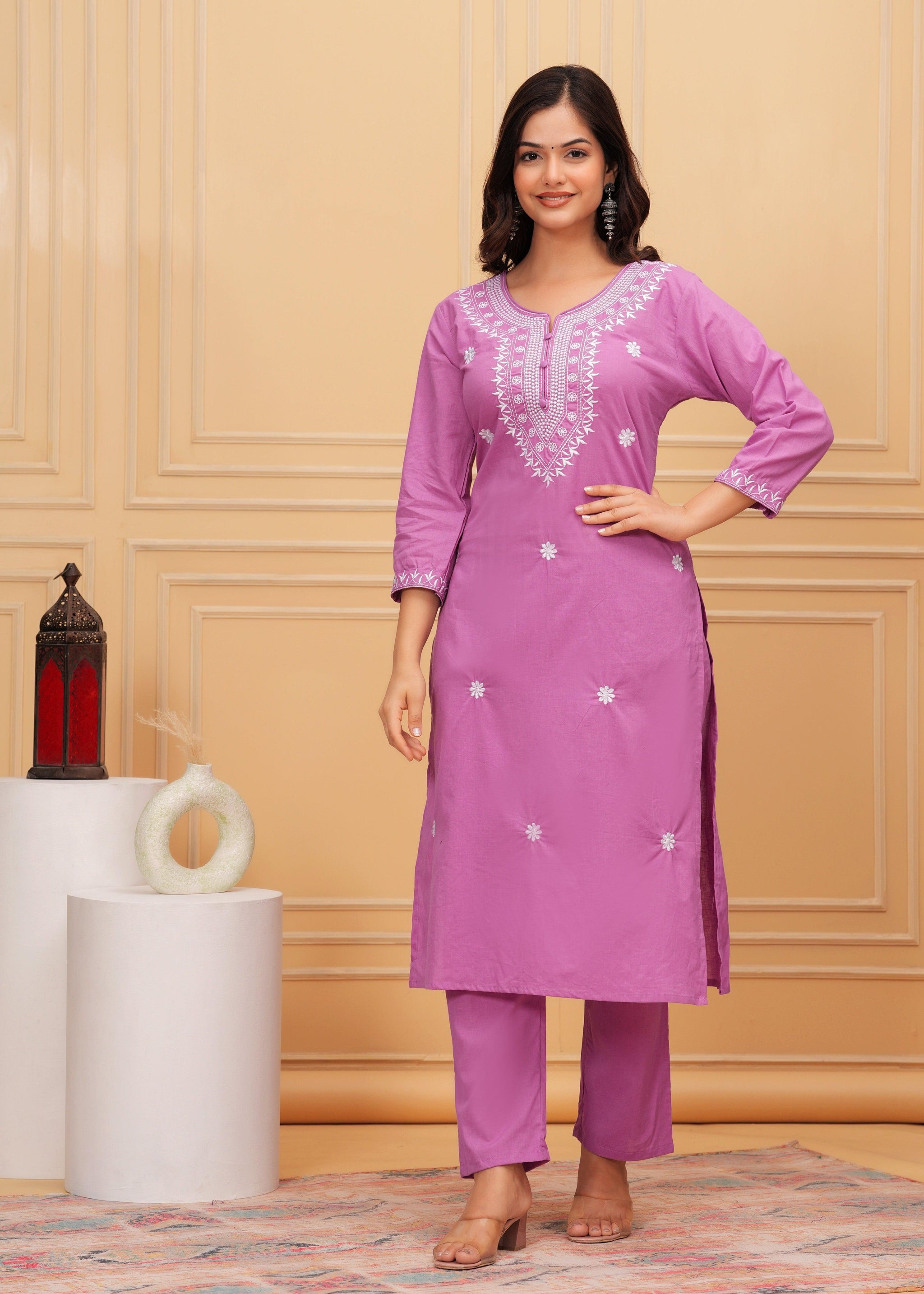Lavender Embroidered Cotton Suit Set with Printed Mulmul Dupatta