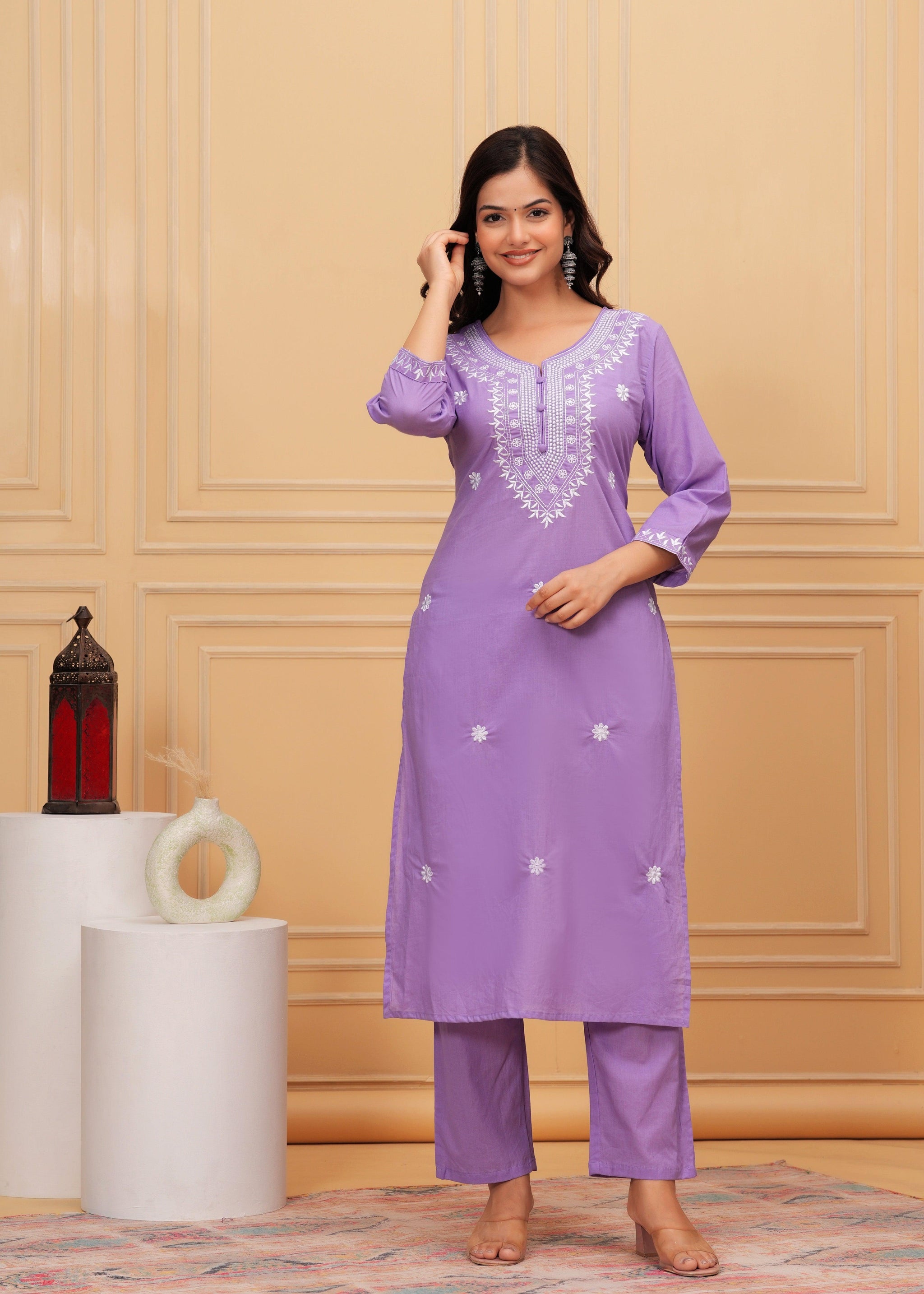 Purple Embroidered Cotton Suit Set with Printed Mulmul Dupatta