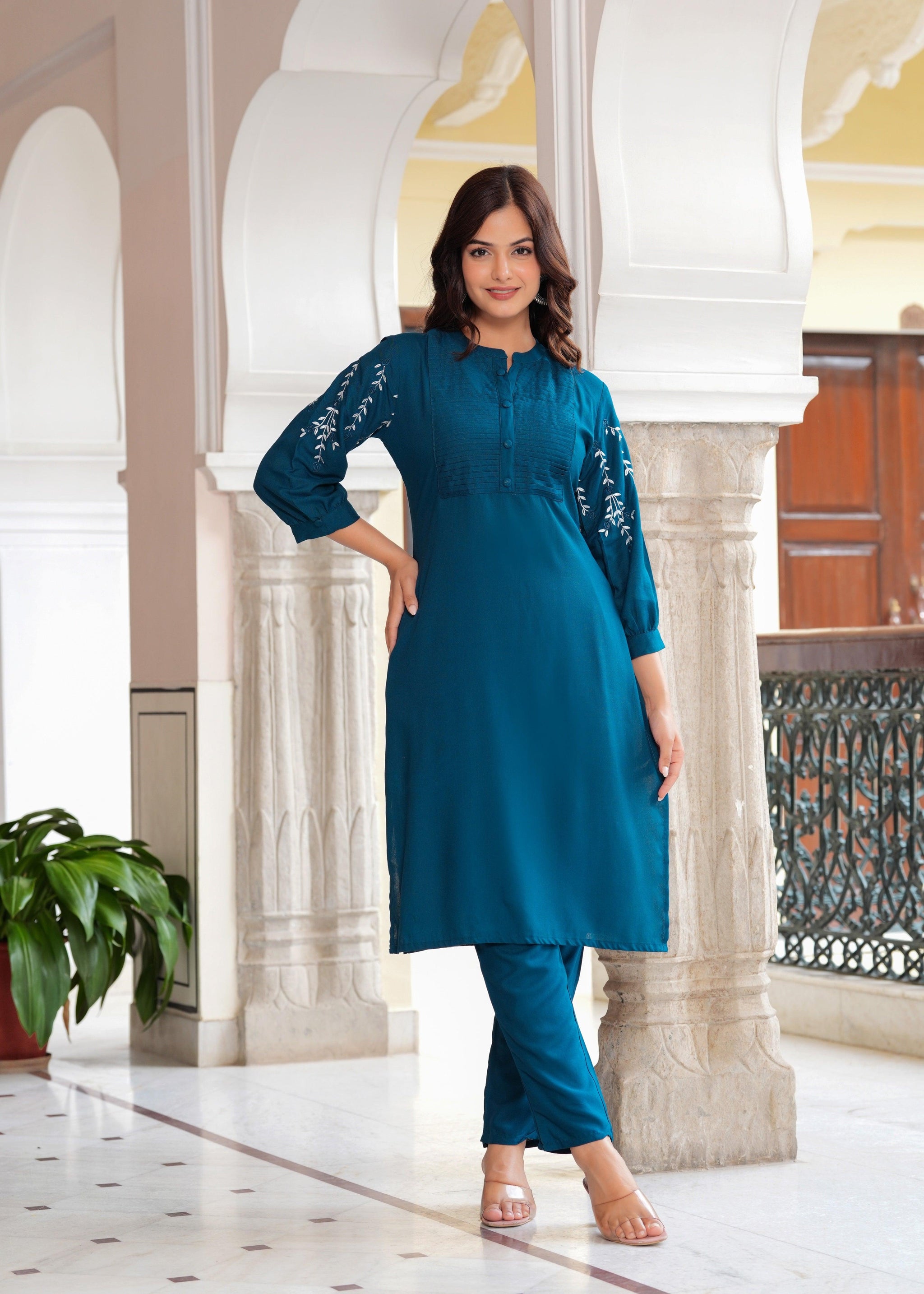 Embroidered Rayon Kurta and Pant Set