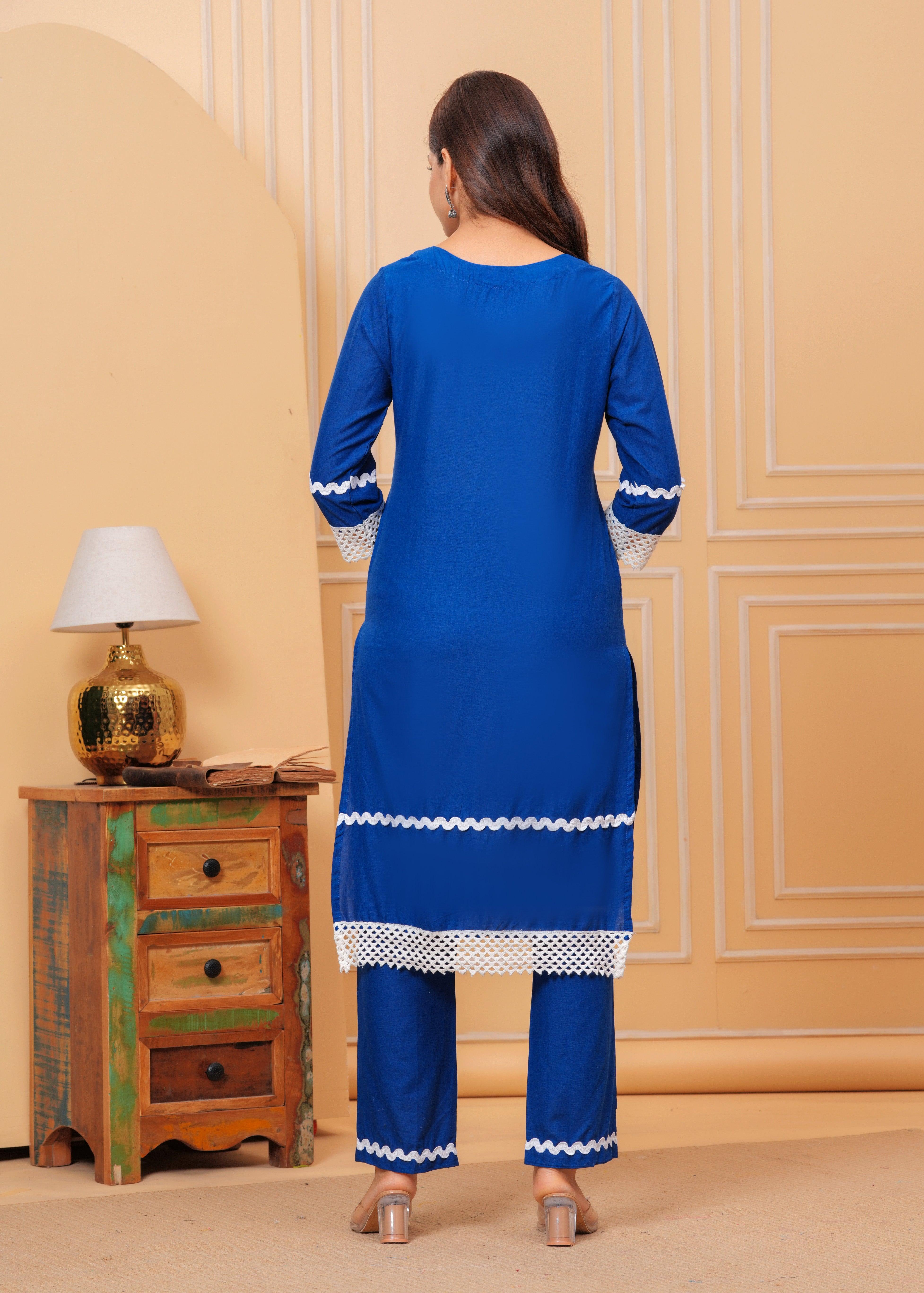 Blue Lace Work Cotton Kurta and Pant Set