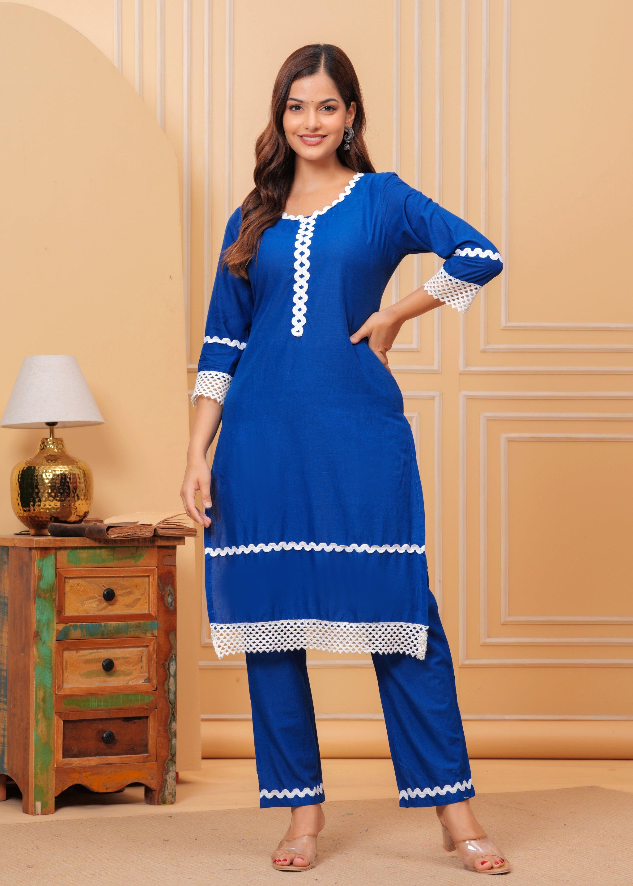 Blue Lace Work Cotton Kurta and Pant Set
