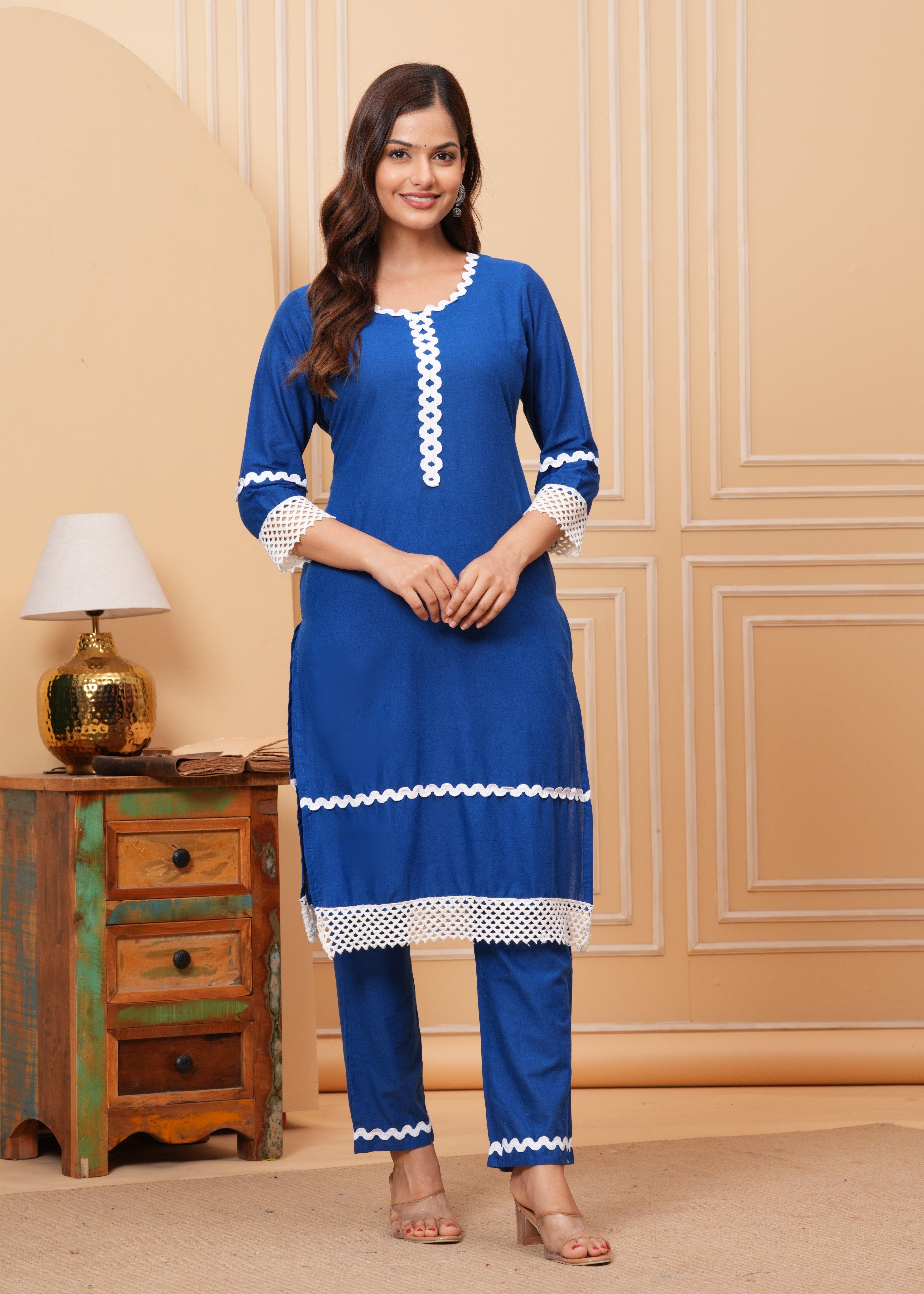 Blue Lace Work Cotton Kurta and Pant Set