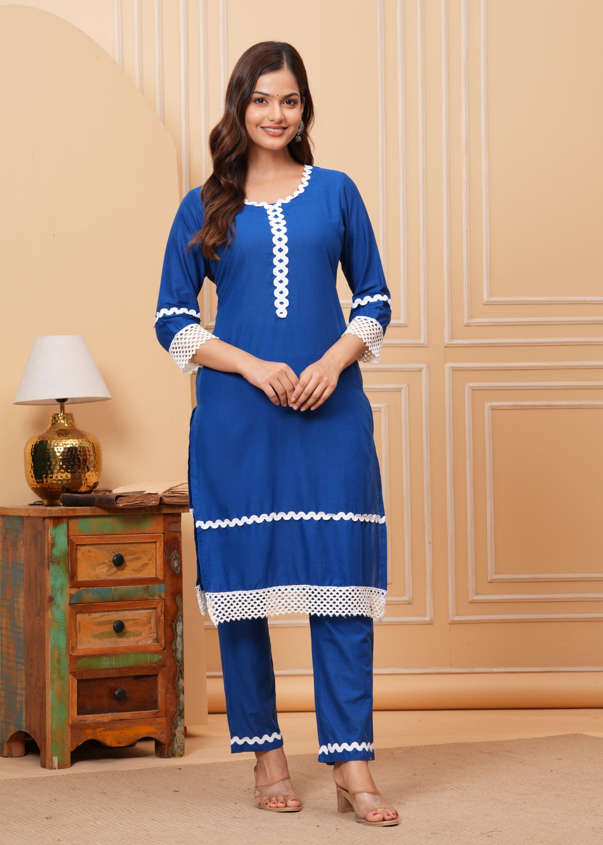 Blue Lace Work Cotton Kurta and Pant Set