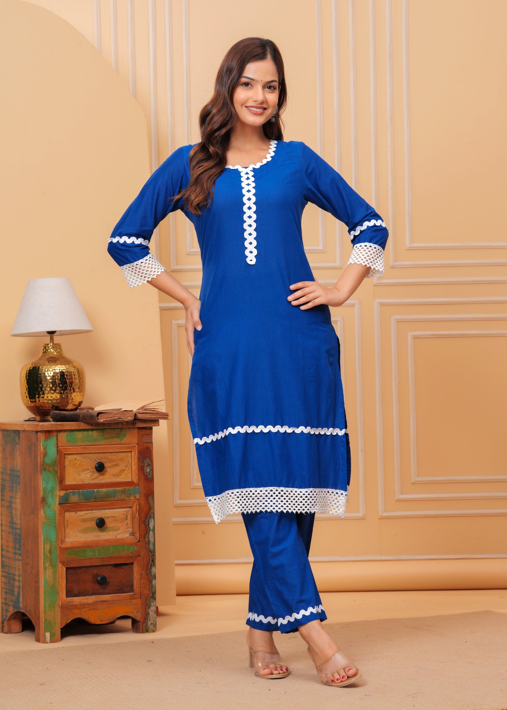 Blue Lace Work Cotton Kurta and Pant Set