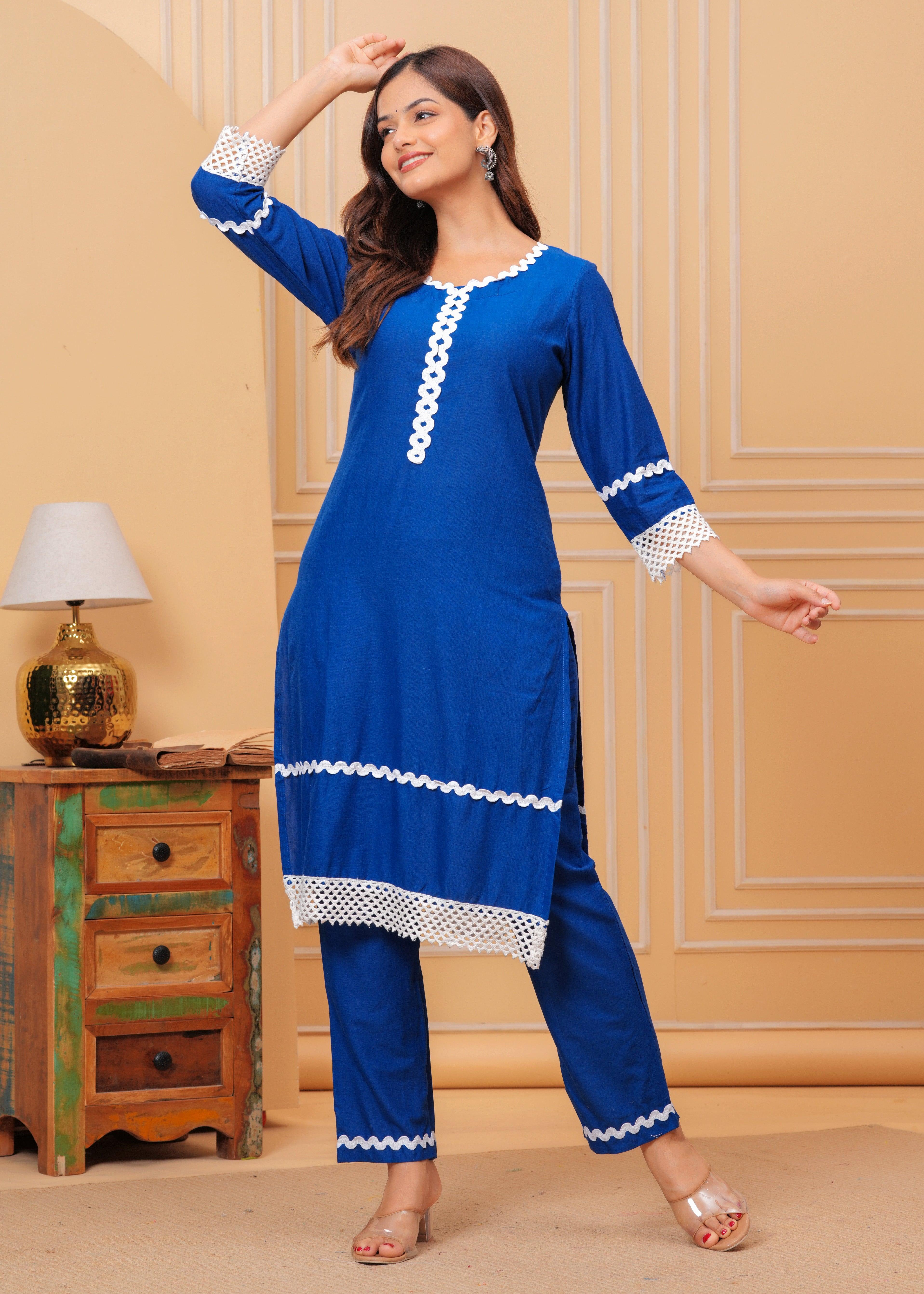 Blue Lace Work Cotton Kurta and Pant Set