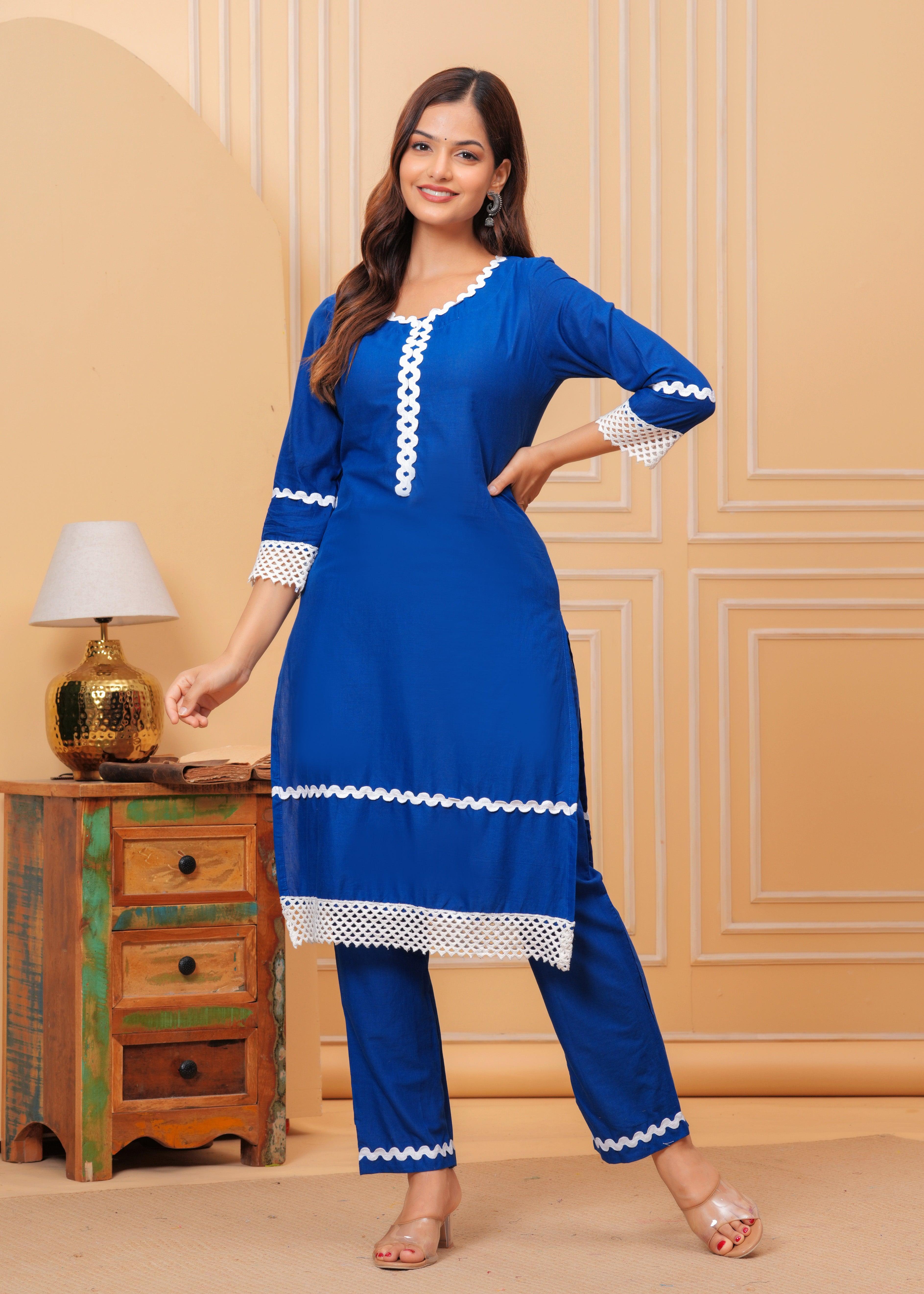 Blue Lace Work Cotton Kurta and Pant Set