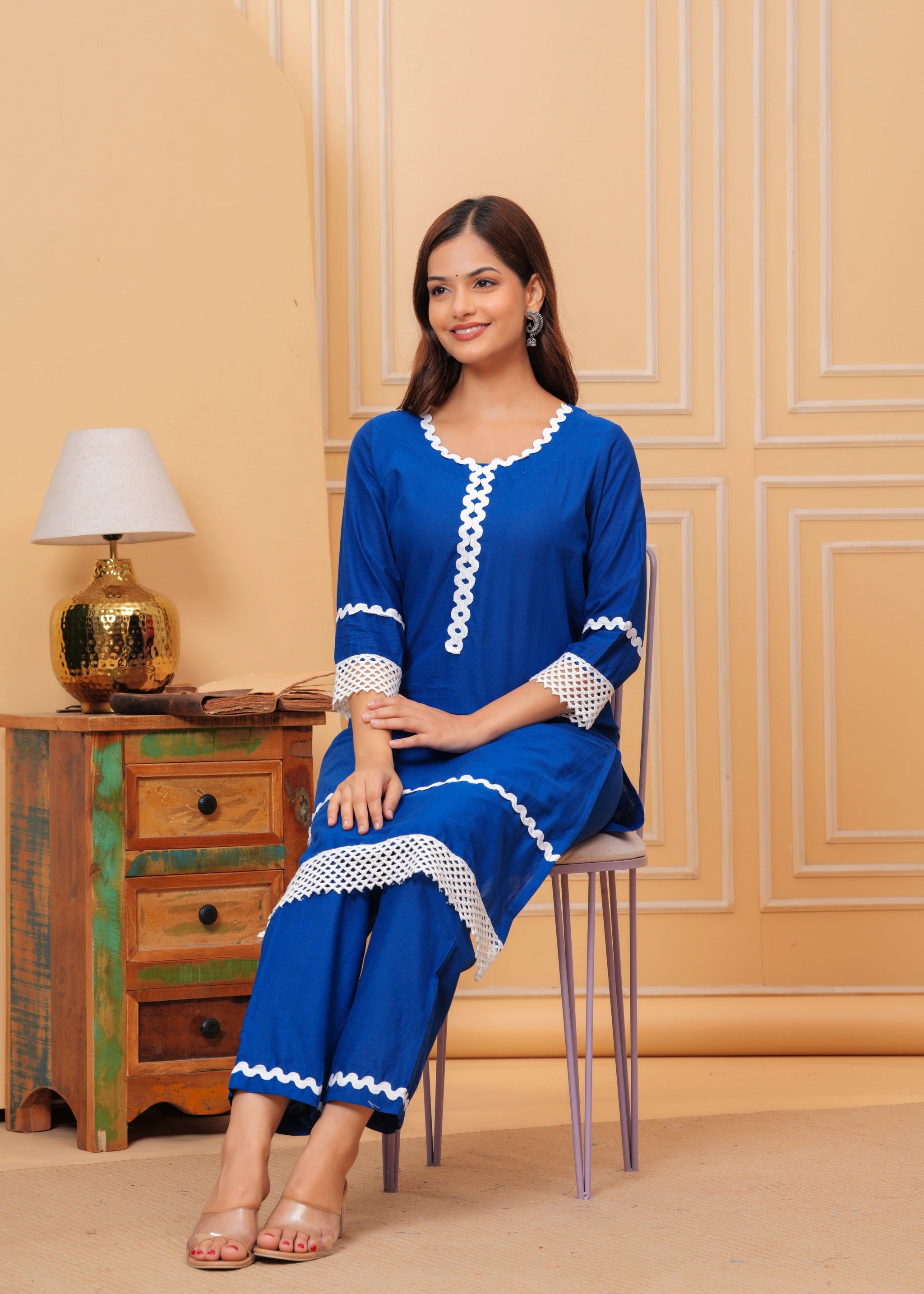 Blue Lace Work Cotton Kurta and Pant Set
