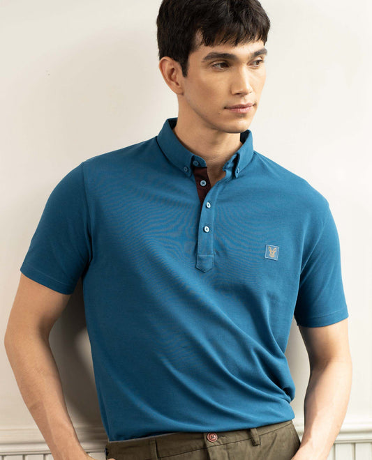RARE RABBIT MENS CASSINI-3 PETROL POLO COTTON FABRIC SLIM FIT COLLAR COLLAR Short Sleeve