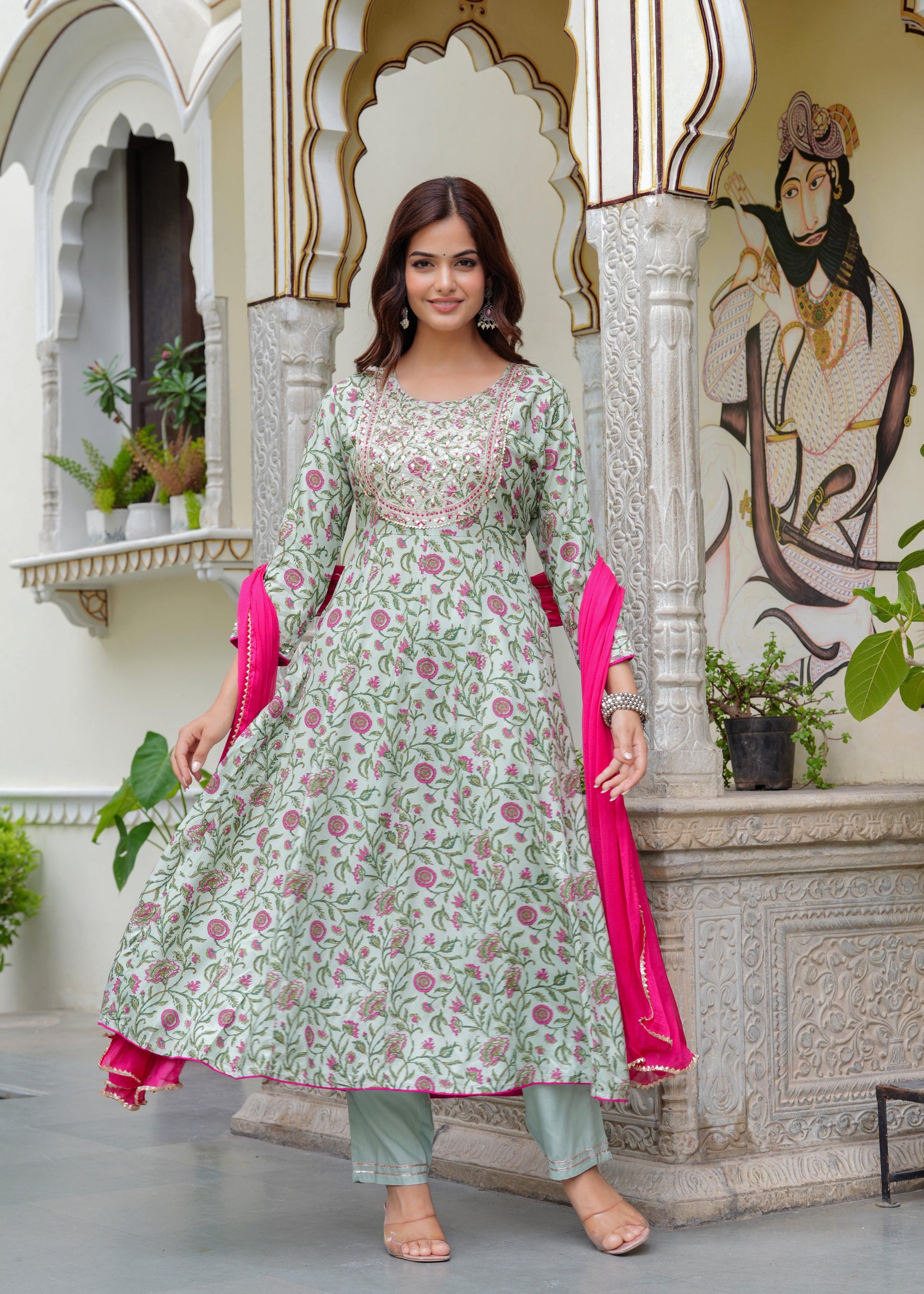 Tealish Green Embroidered Anarkali Suit Set with Georgette Dupatta