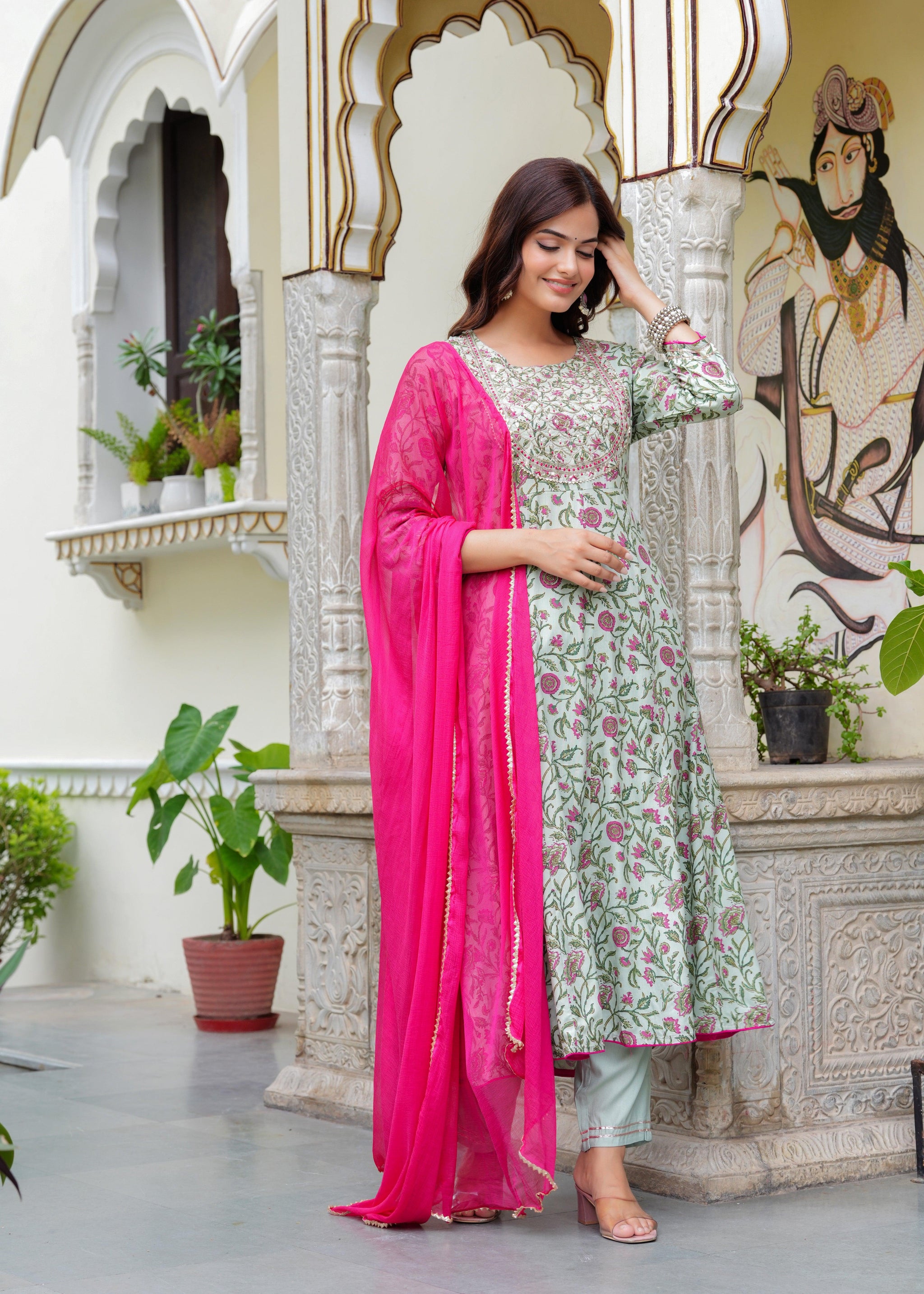 Tealish Green Embroidered Anarkali Suit Set with Georgette Dupatta