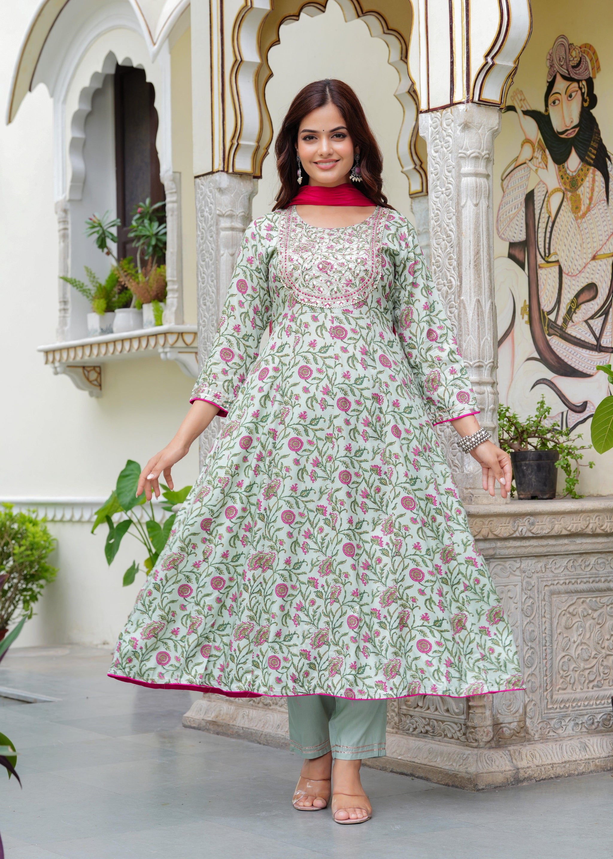 Tealish Green Embroidered Anarkali Suit Set with Georgette Dupatta