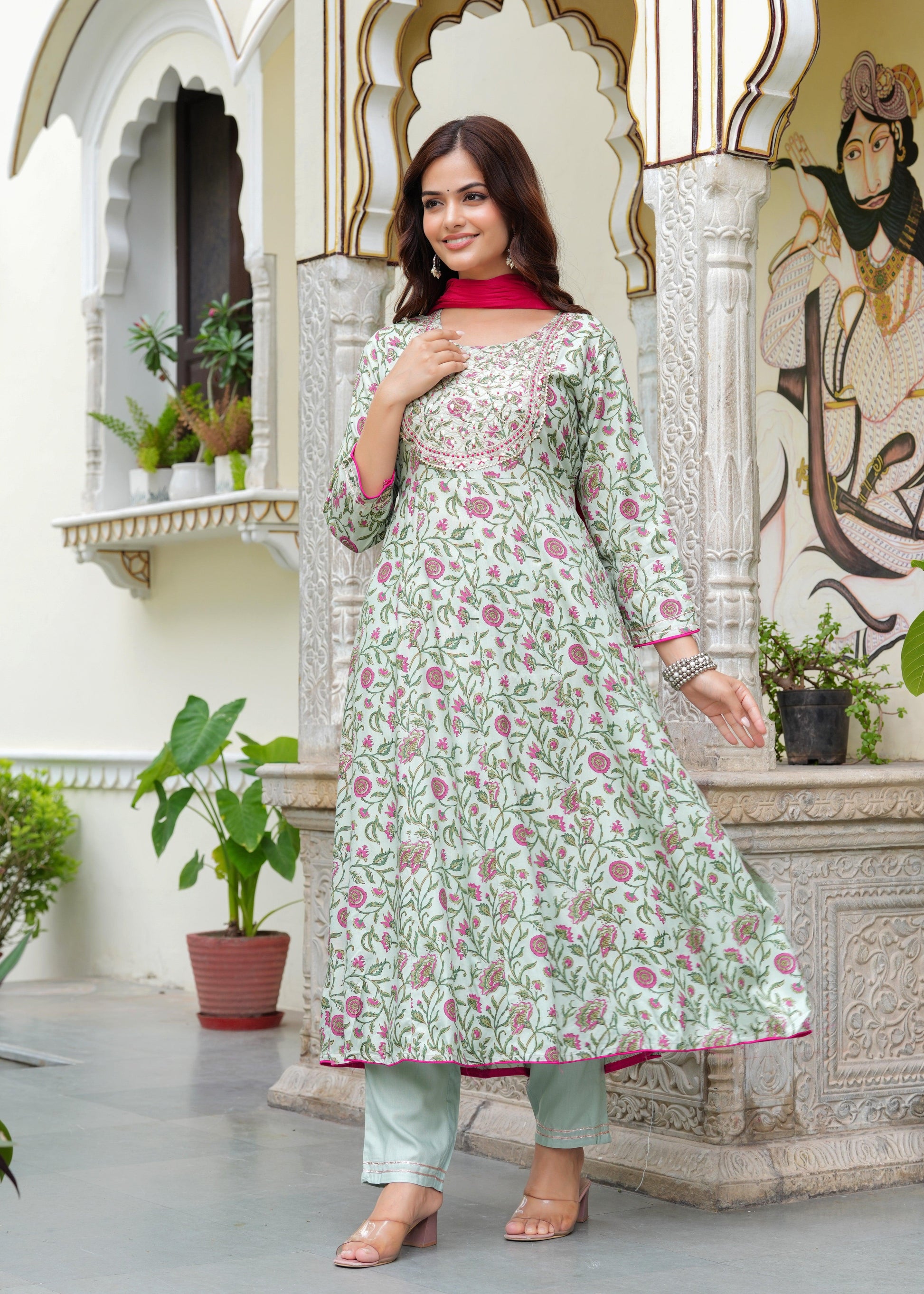 Tealish Green Embroidered Anarkali Suit Set with Georgette Dupatta