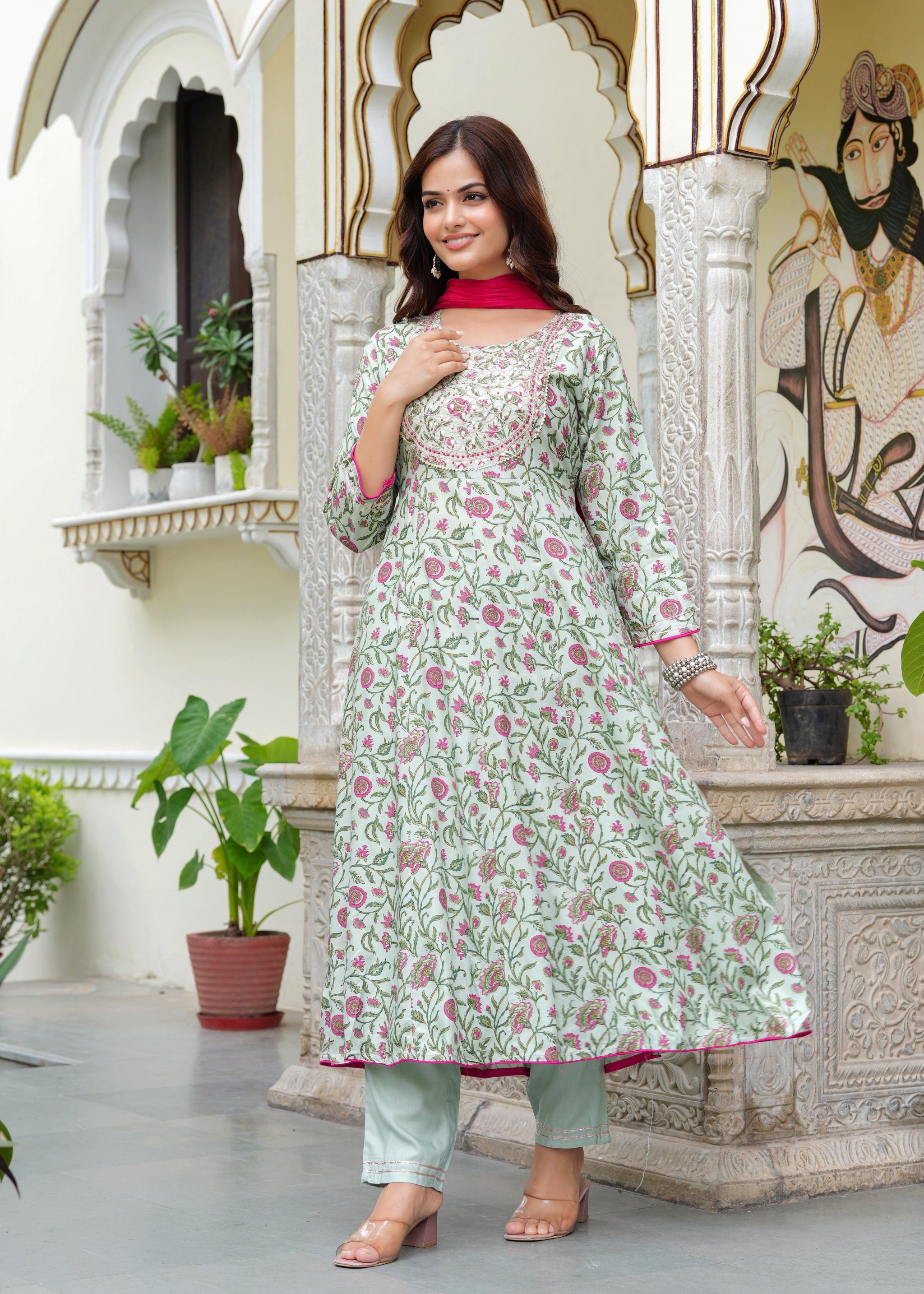 Tealish Green Embroidered Anarkali Suit Set with Georgette Dupatta