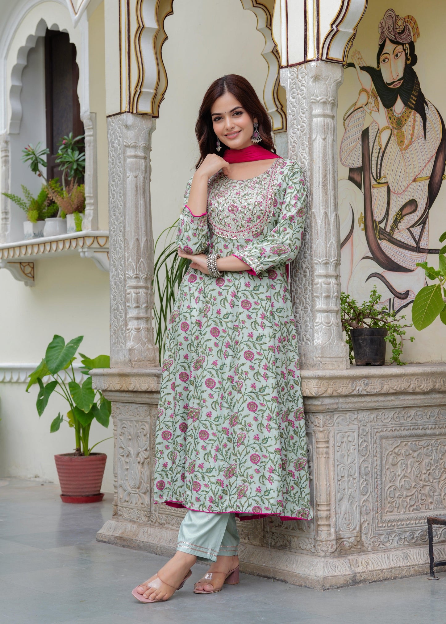 Tealish Green Embroidered Anarkali Suit Set with Georgette Dupatta