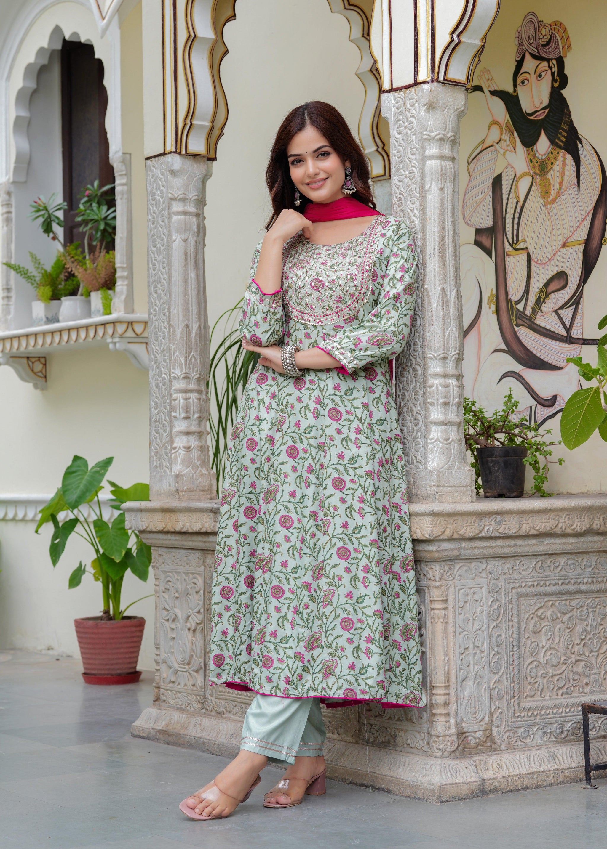 Tealish Green Embroidered Anarkali Suit Set with Georgette Dupatta