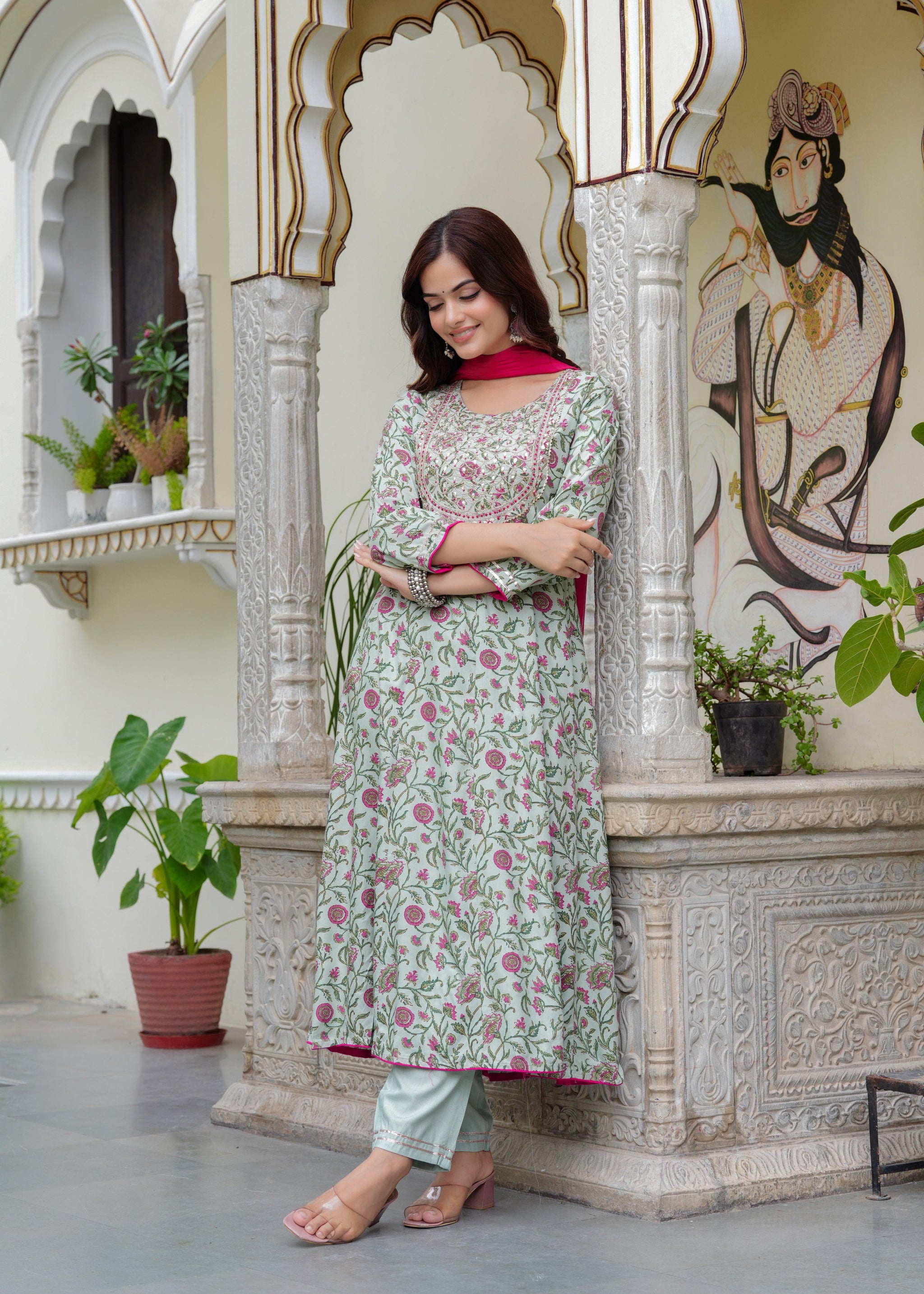 Tealish Green Embroidered Anarkali Suit Set with Georgette Dupatta