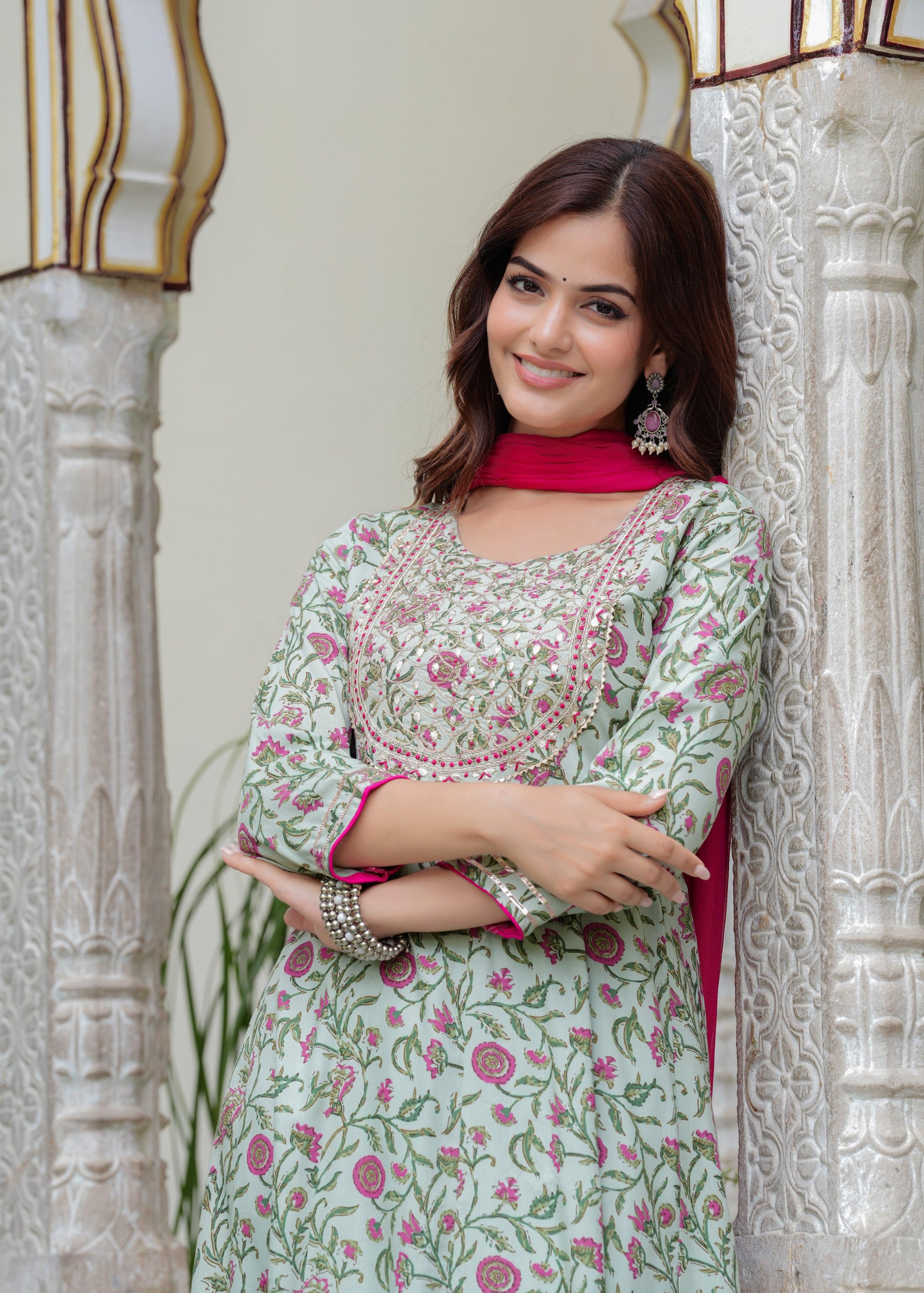 Tealish Green Embroidered Anarkali Suit Set with Georgette Dupatta