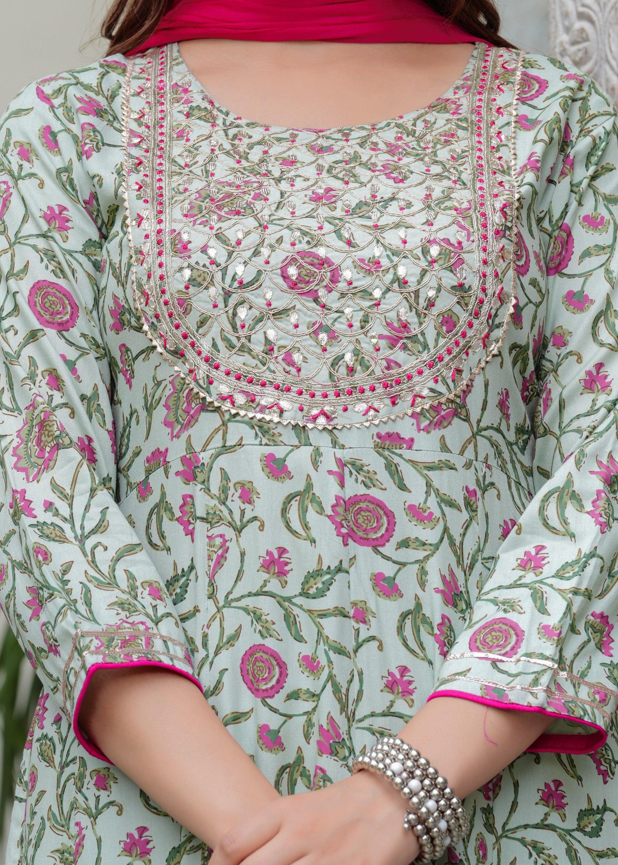 Tealish Green Embroidered Anarkali Suit Set with Georgette Dupatta