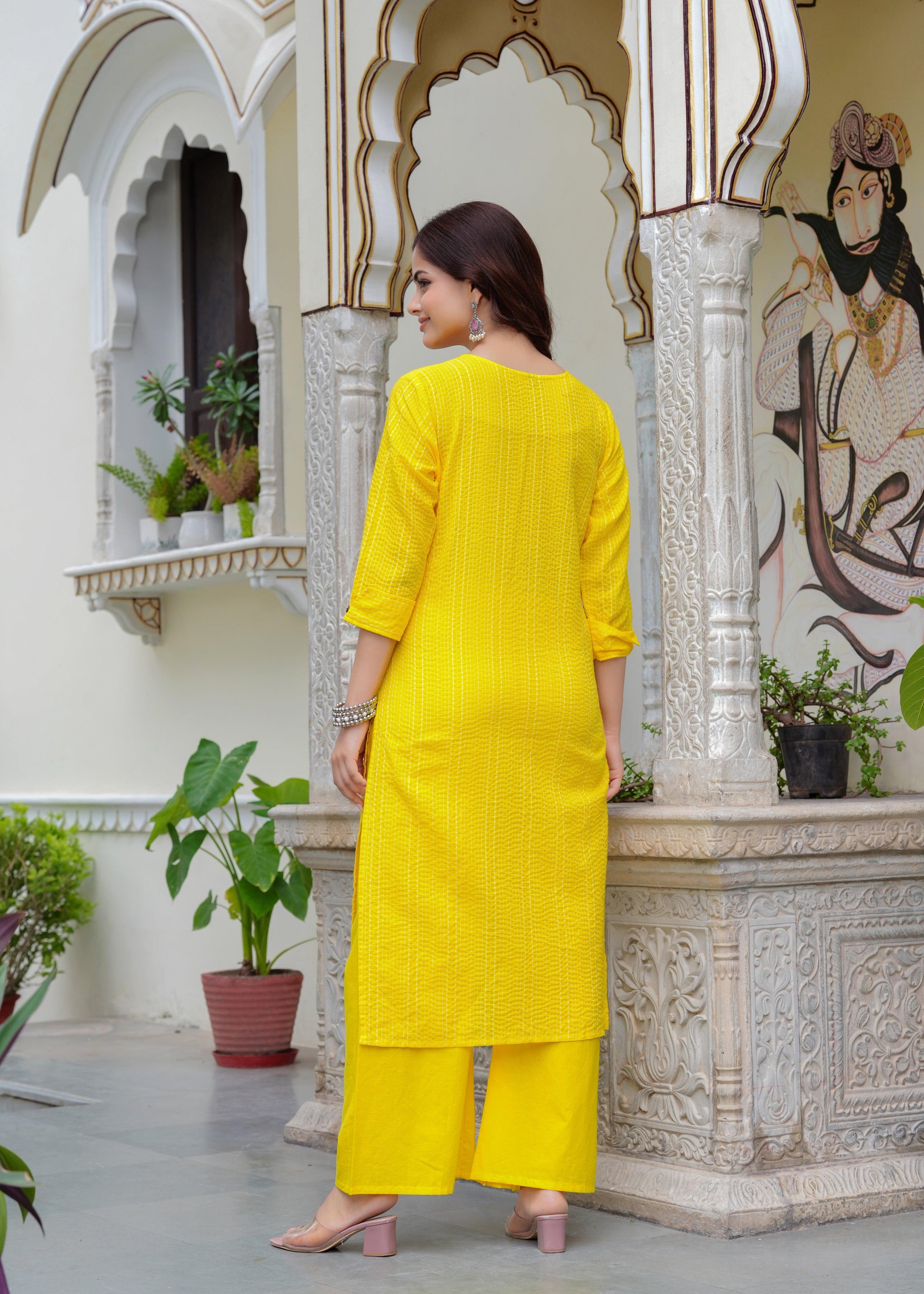 Yellow Katha Cotton Kurta and Cotton Palazzo Set
