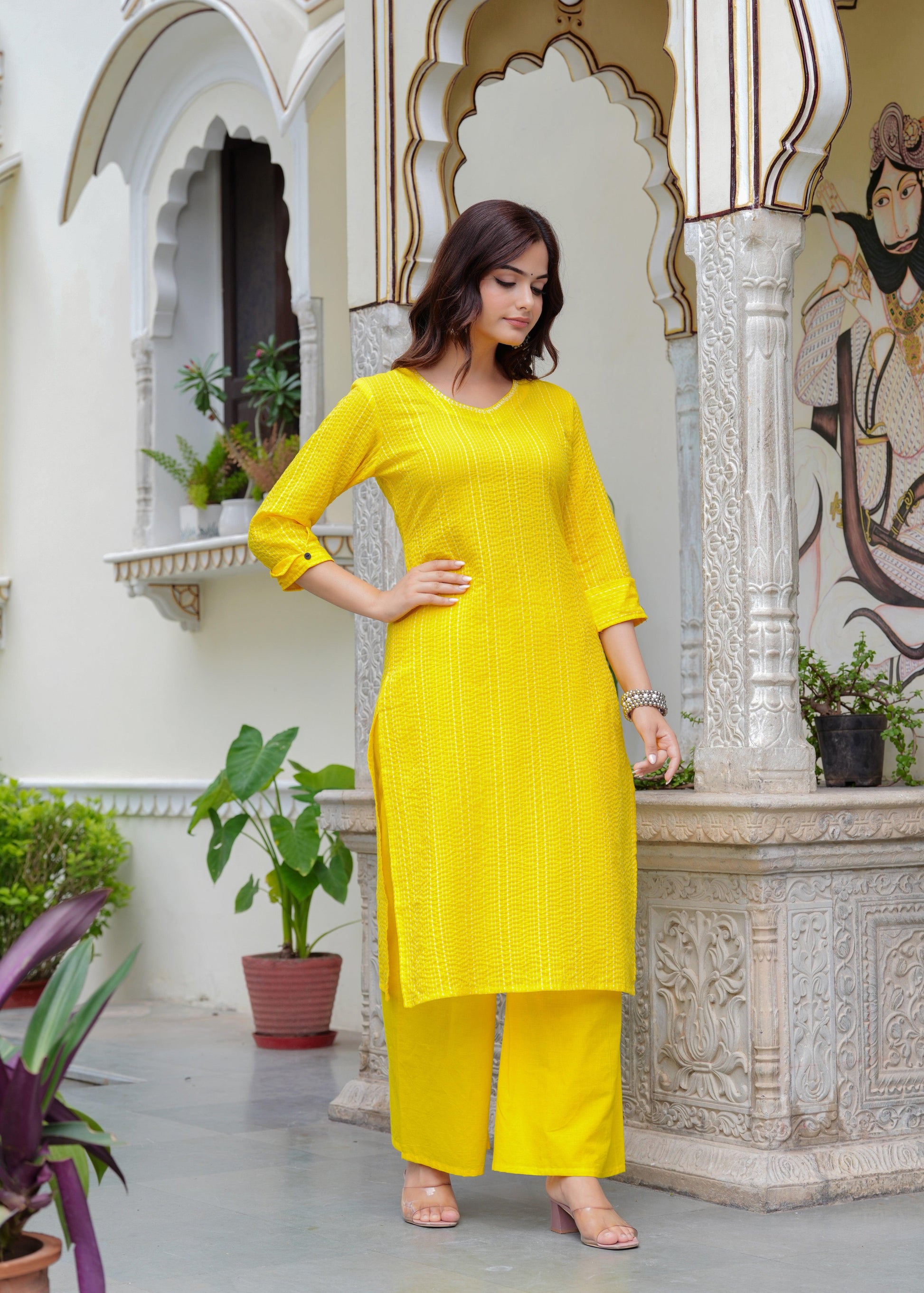 Yellow Katha Cotton Kurta and Cotton Palazzo Set