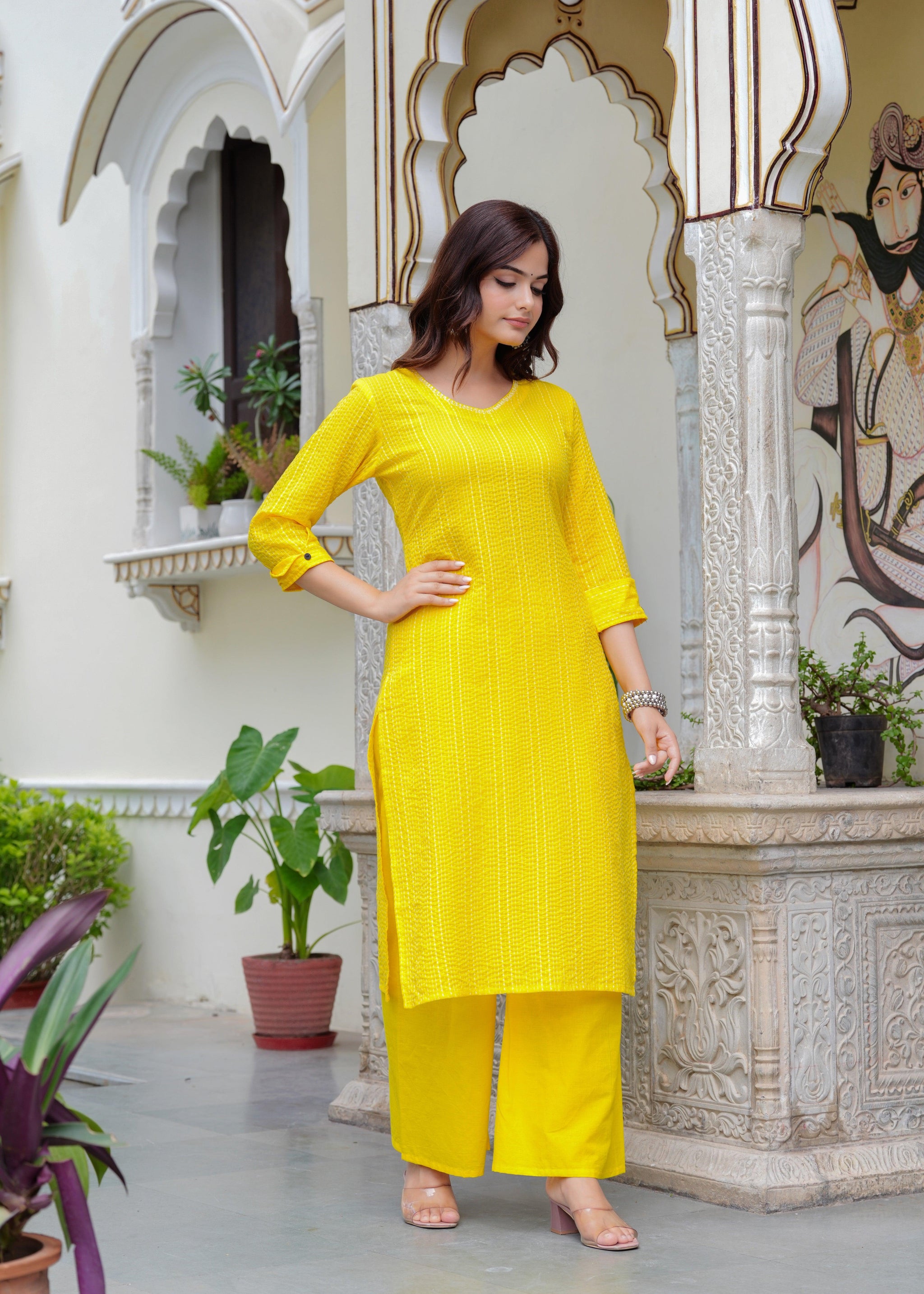 Yellow Katha Cotton Kurta and Cotton Palazzo Set