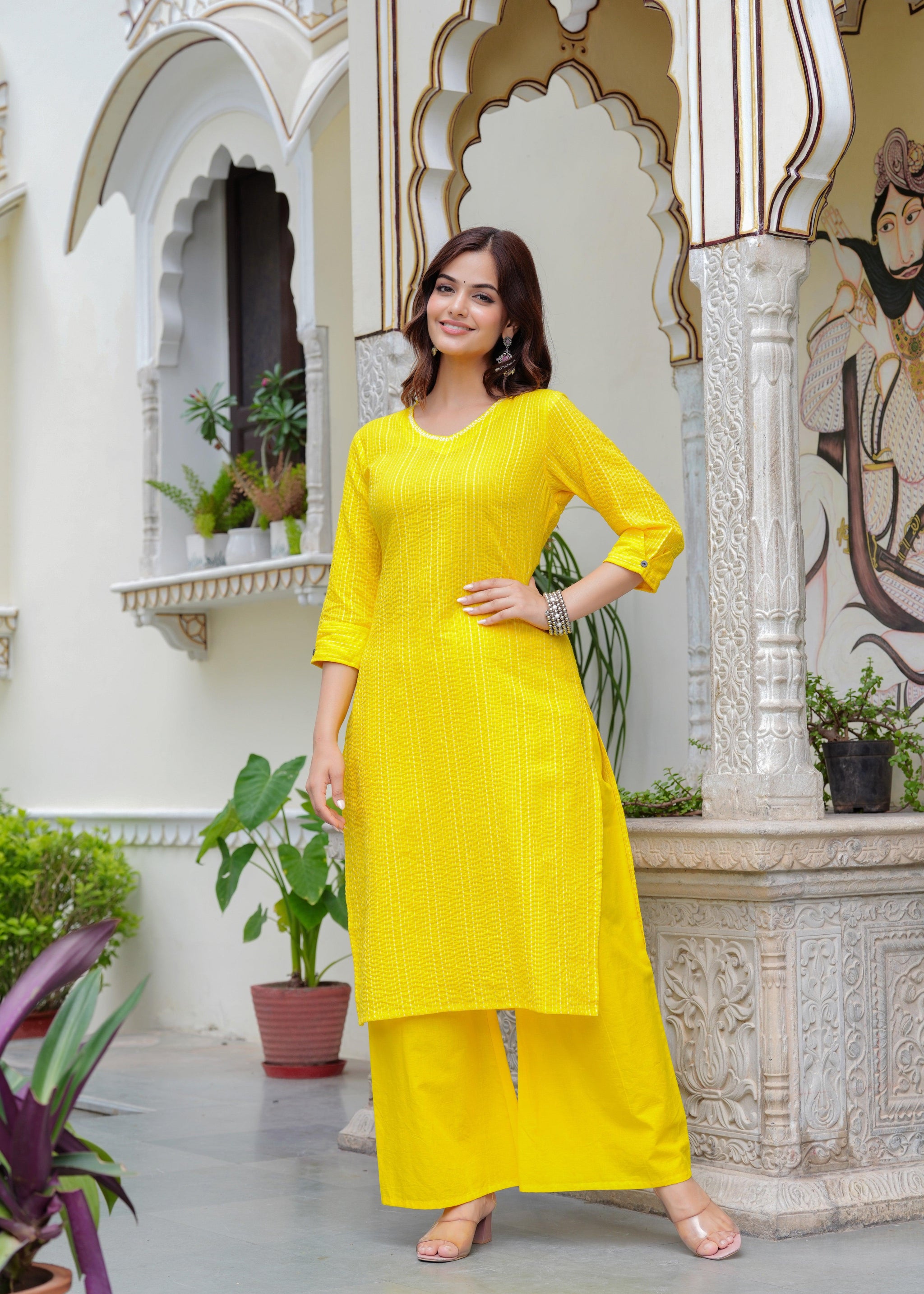 Yellow Katha Cotton Kurta and Cotton Palazzo Set