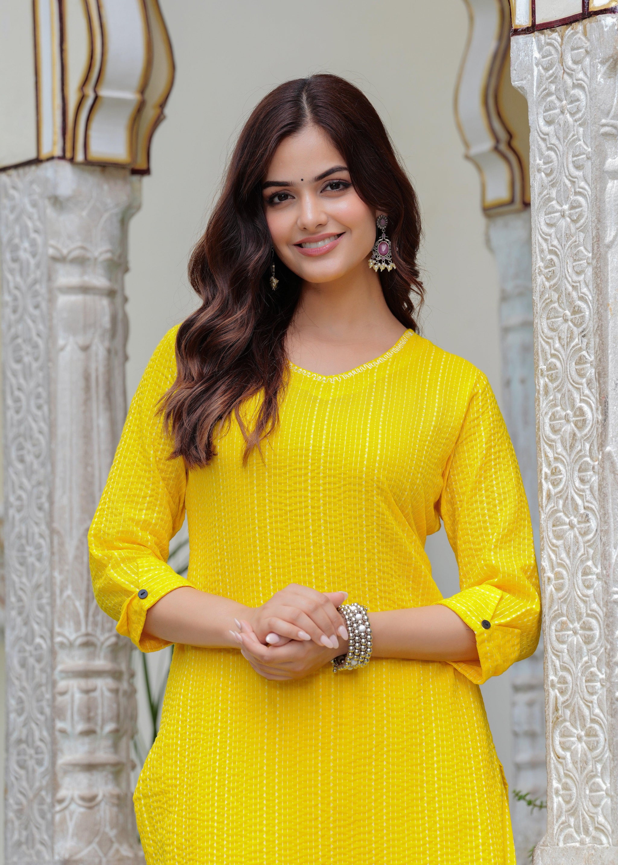 Yellow Katha Cotton Kurta and Cotton Palazzo Set