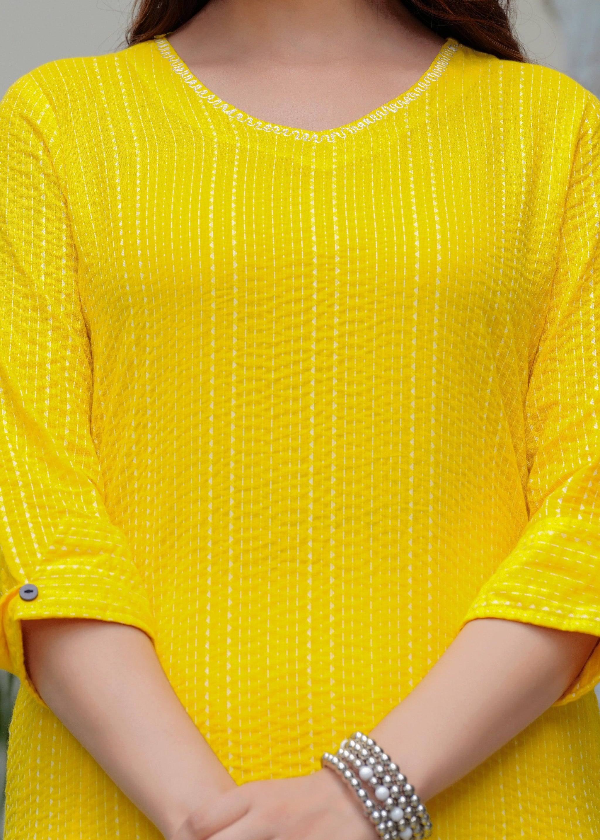 Yellow Katha Cotton Kurta and Cotton Palazzo Set