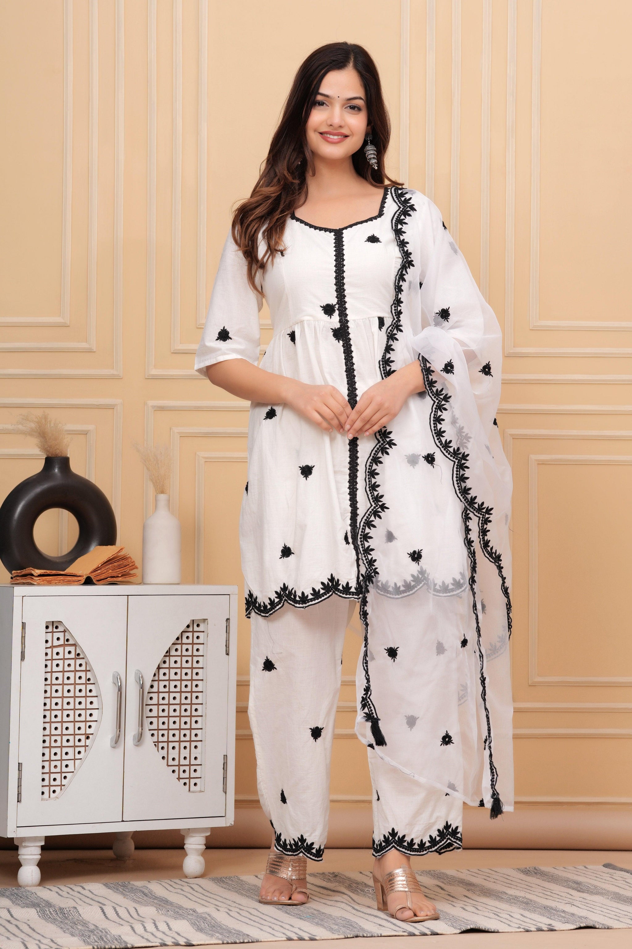 White Embroidered Cotton Suit Set with Embroidered Organza Dupatta