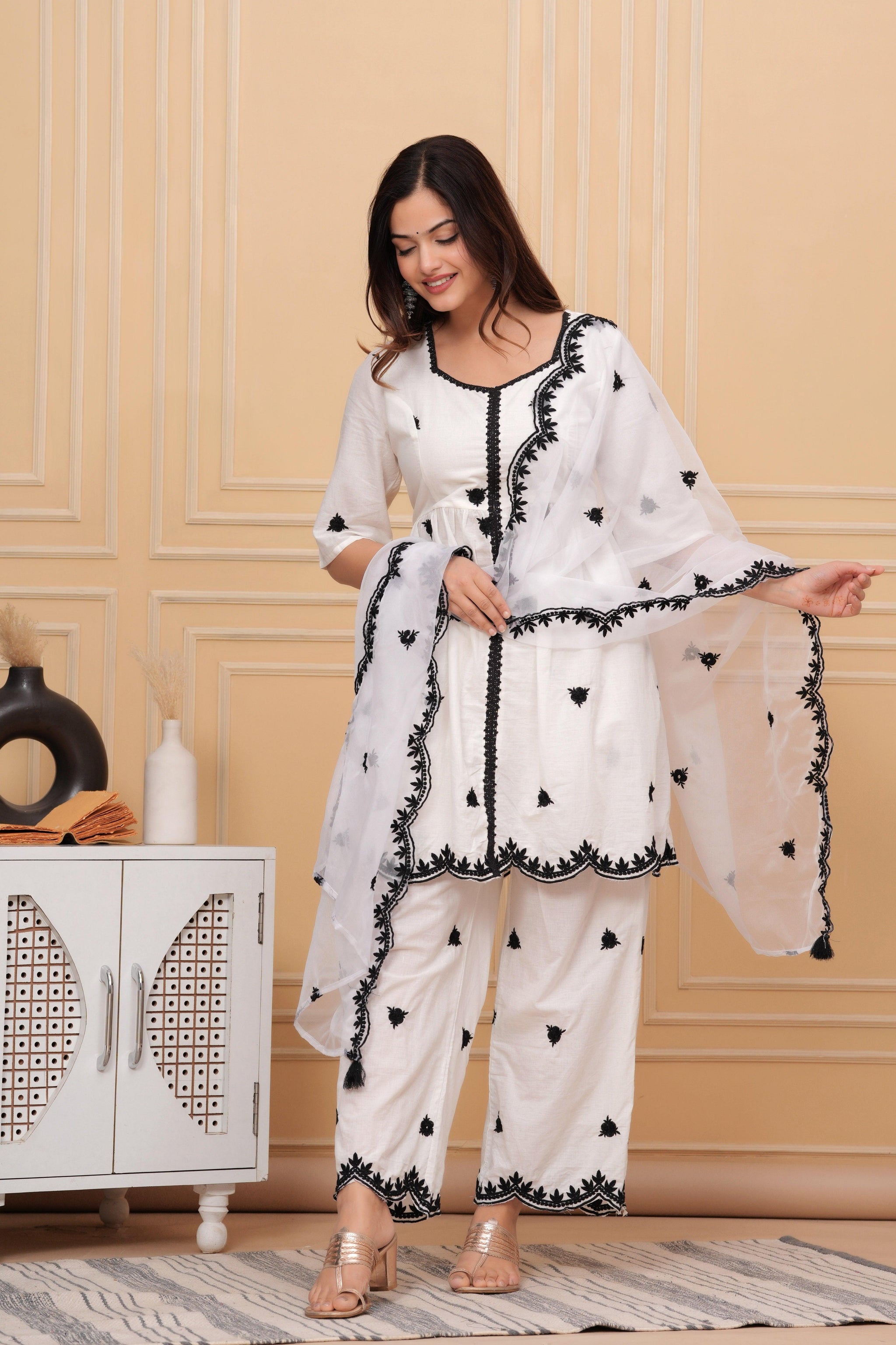 White Embroidered Cotton Suit Set with Embroidered Organza Dupatta