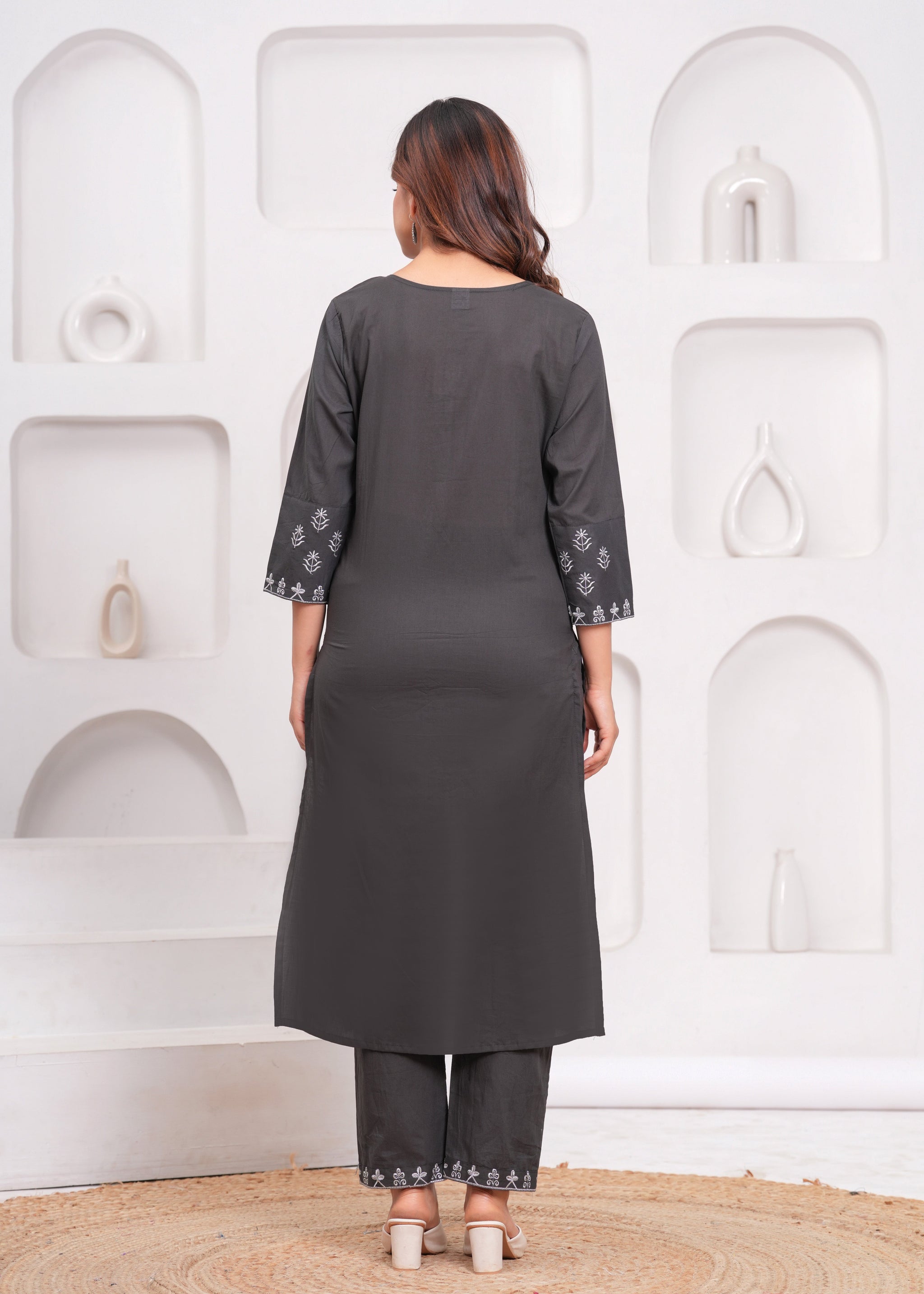 Dark Grey Embroidered Cotton Suit Set