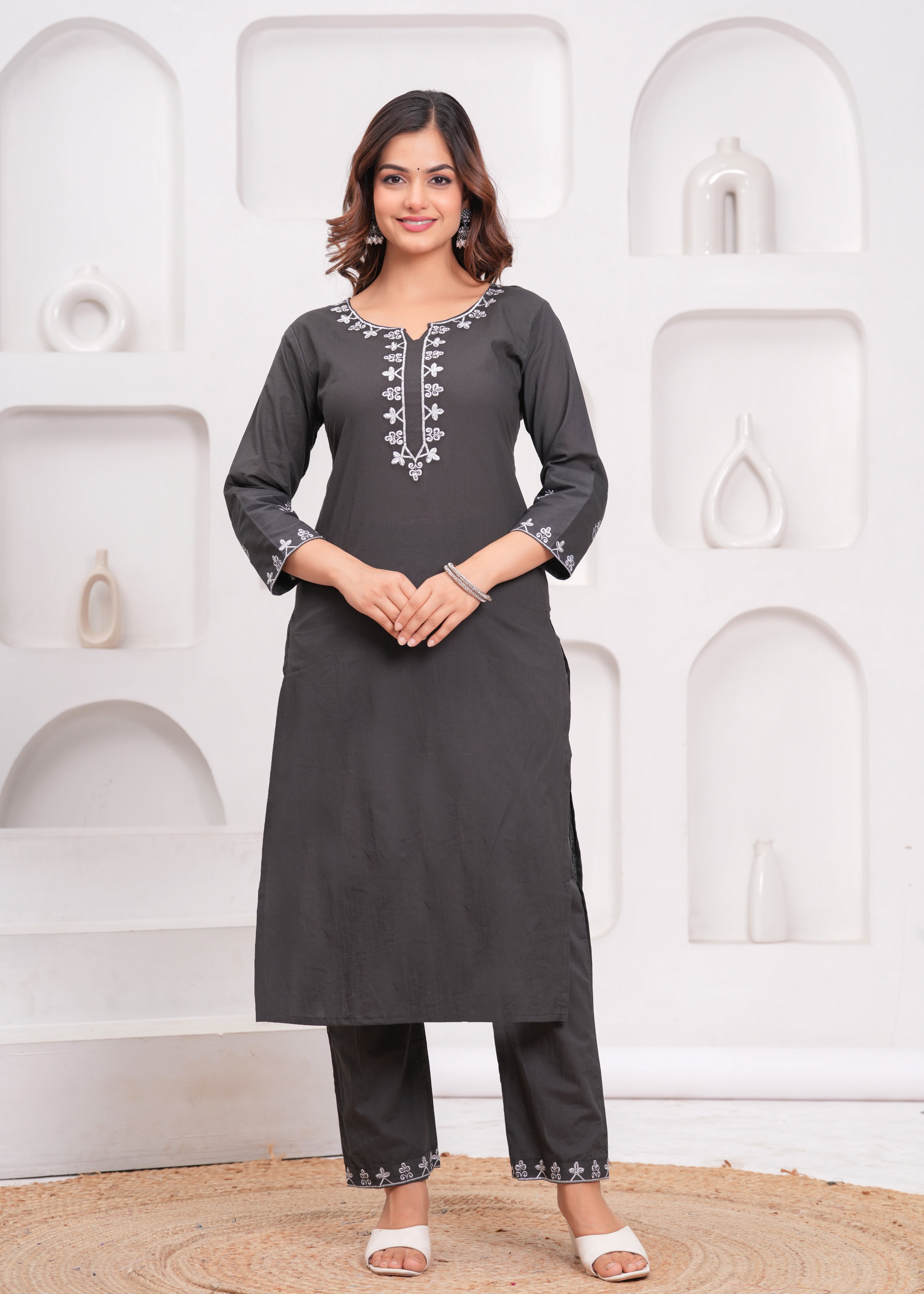 Dark Grey Embroidered Cotton Suit Set