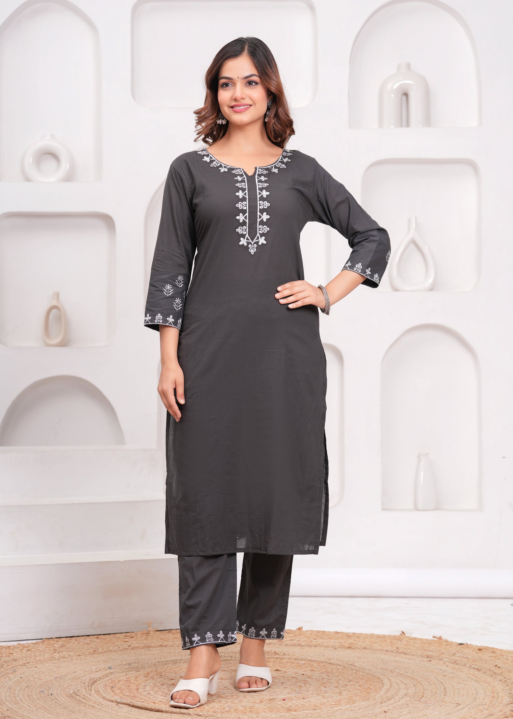Dark Grey Embroidered Cotton Suit Set