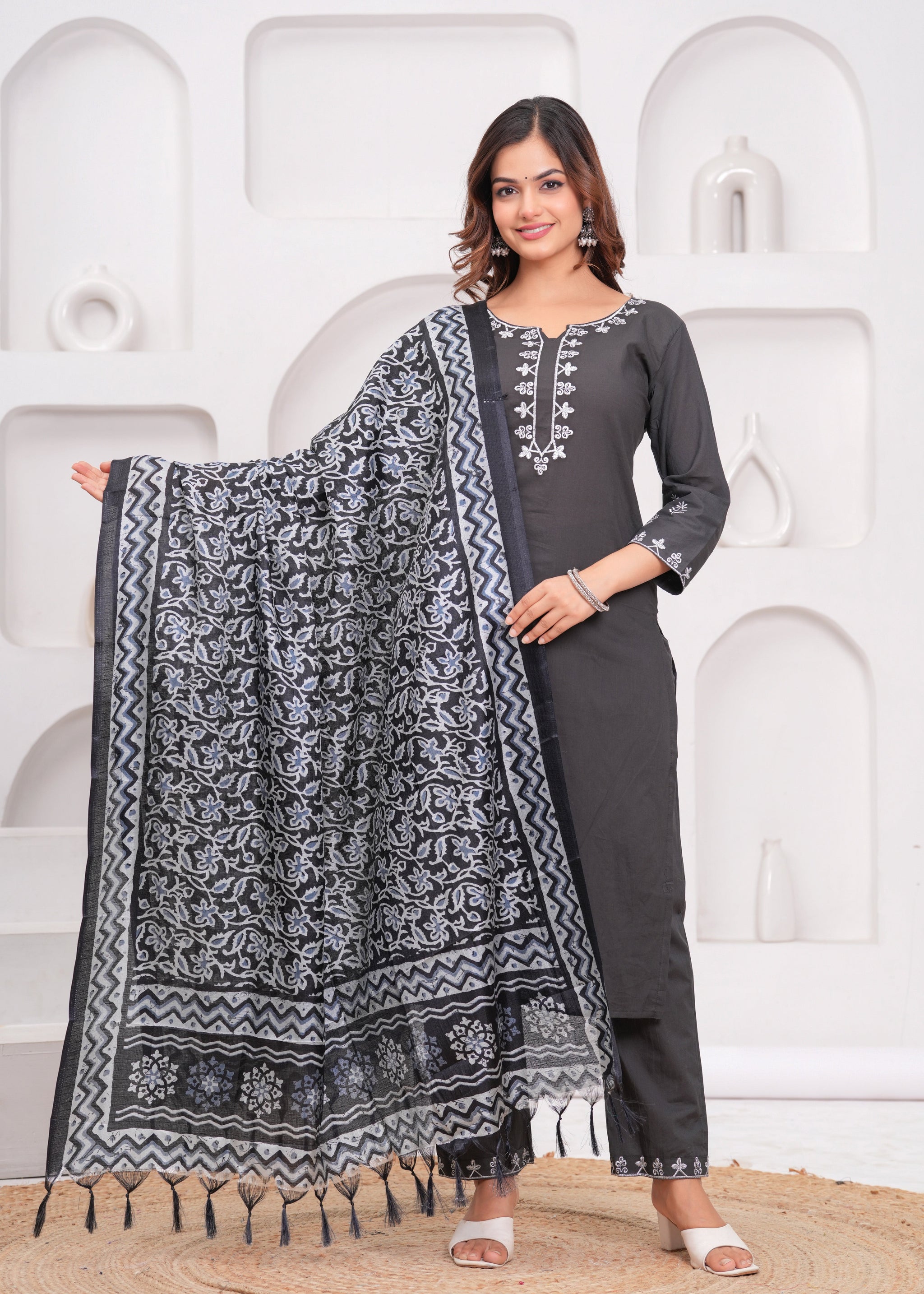 Dark Grey Embroidered Cotton Suit Set