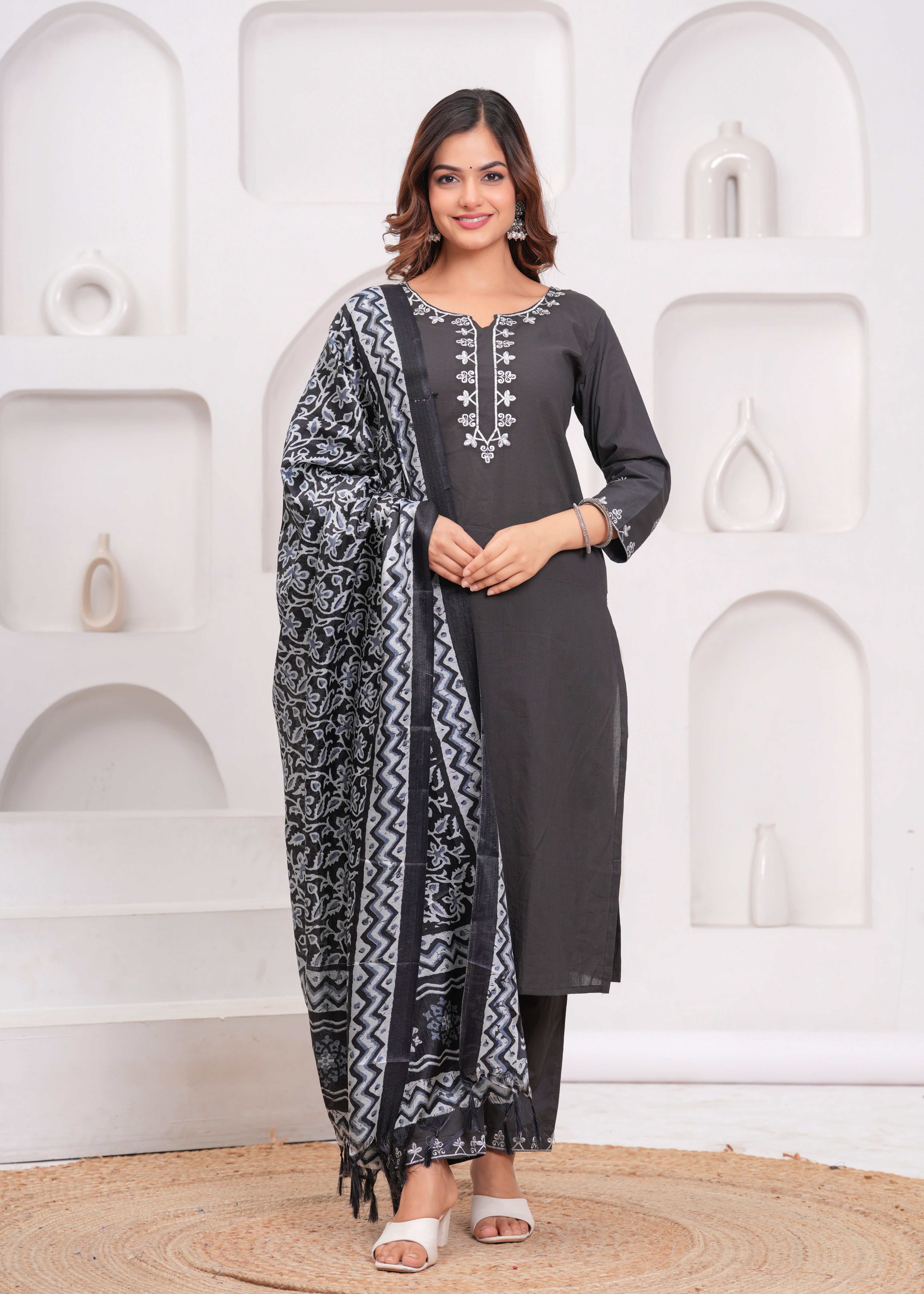 Dark Grey Embroidered Cotton Suit Set