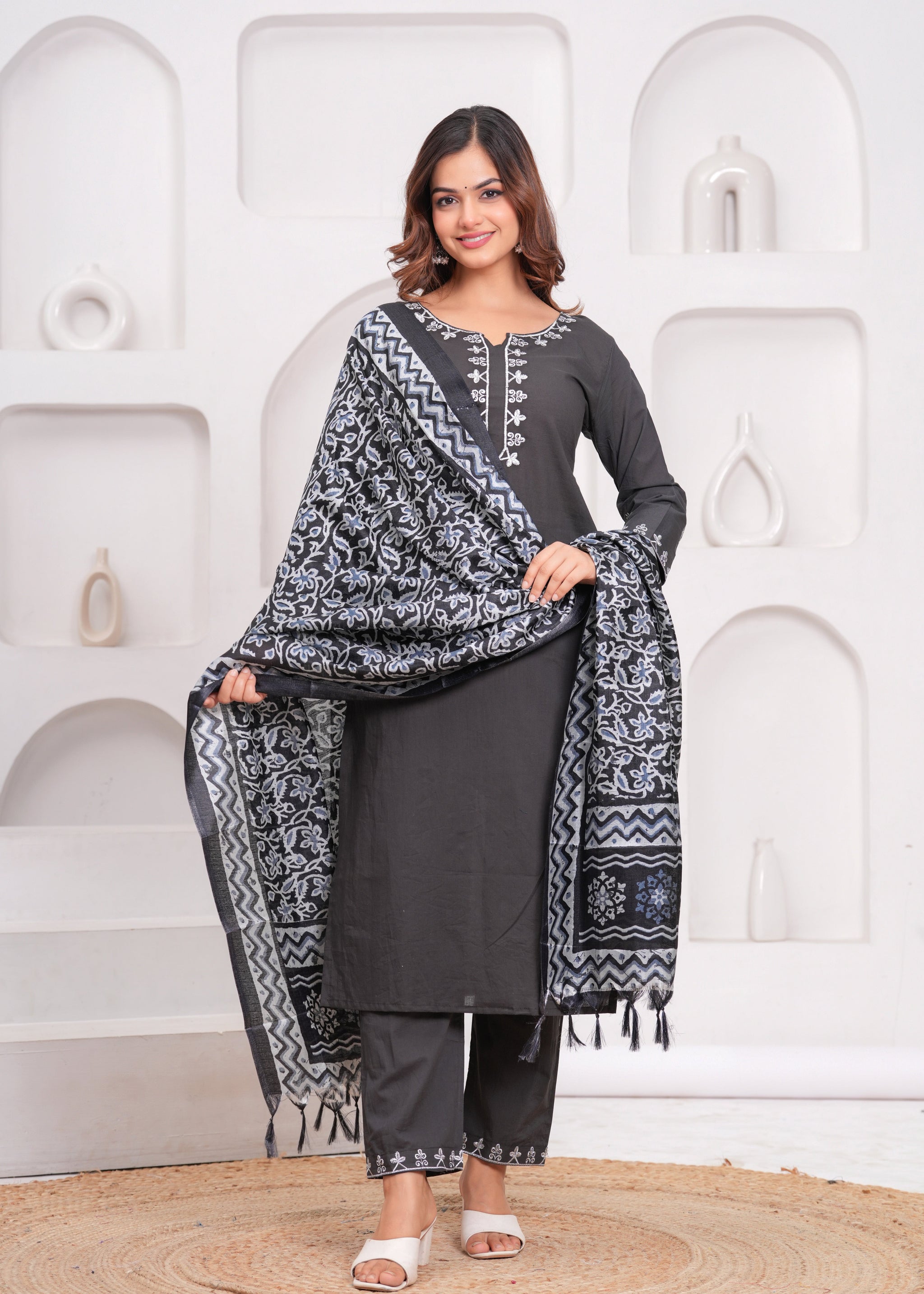 Dark Grey Embroidered Cotton Suit Set