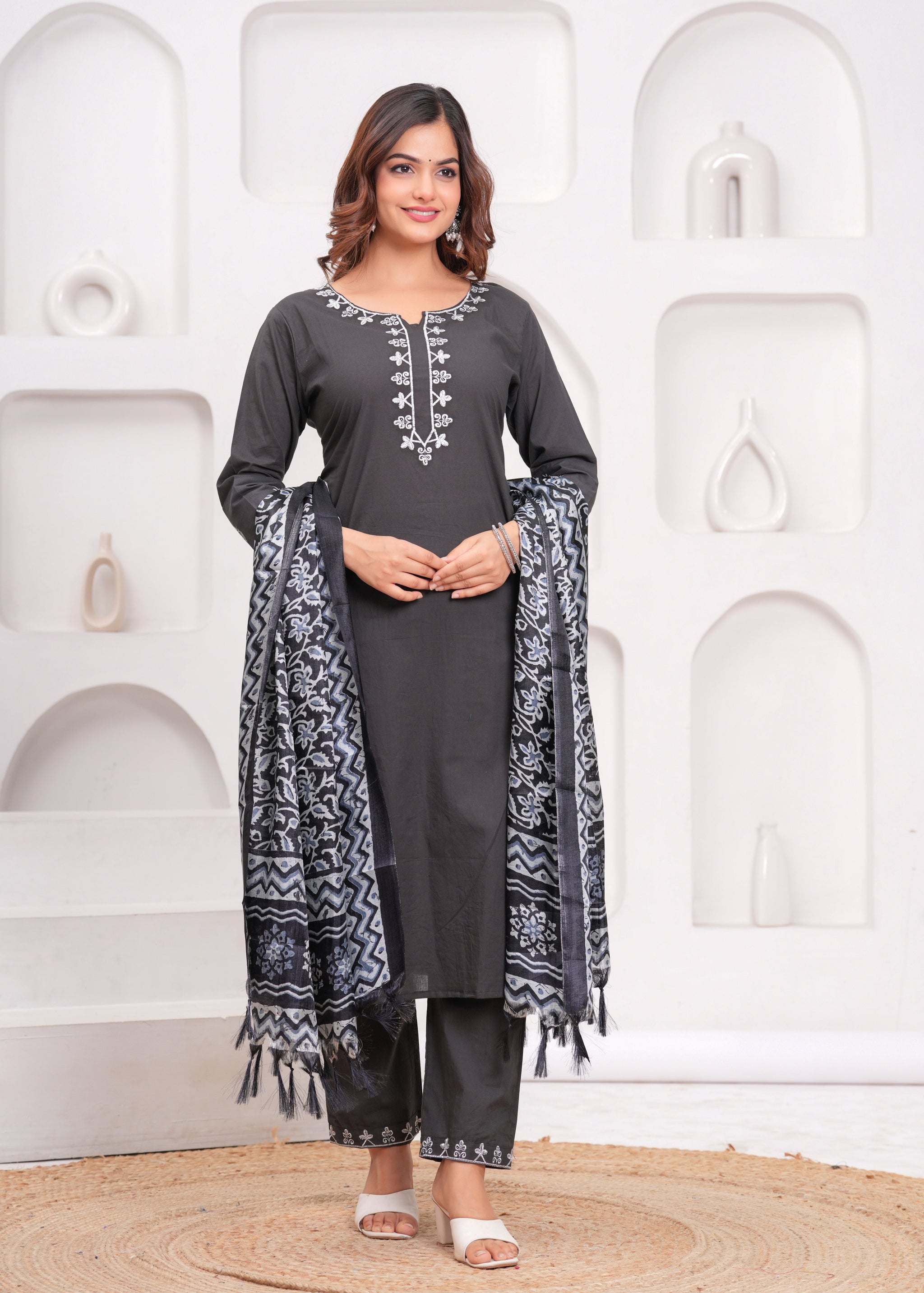 Dark Grey Embroidered Cotton Suit Set