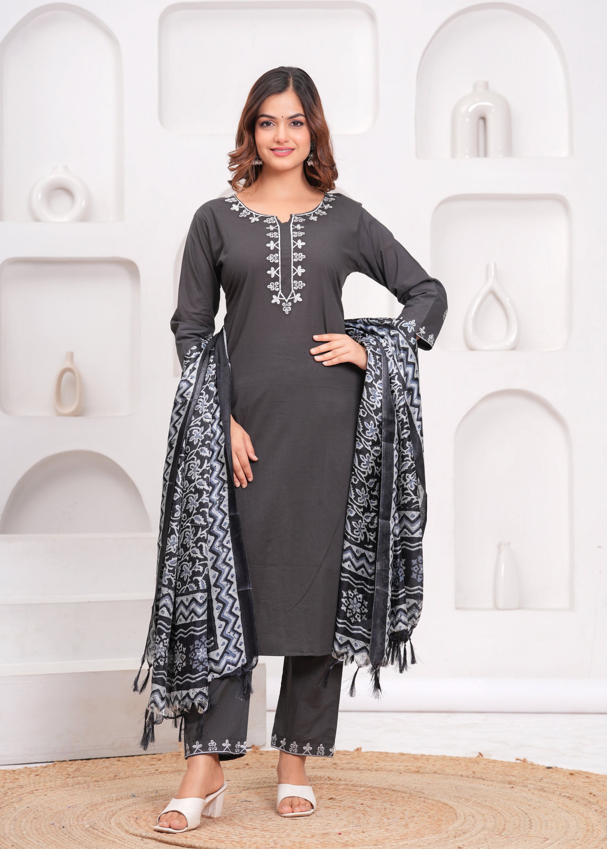 Dark Grey Embroidered Cotton Suit Set